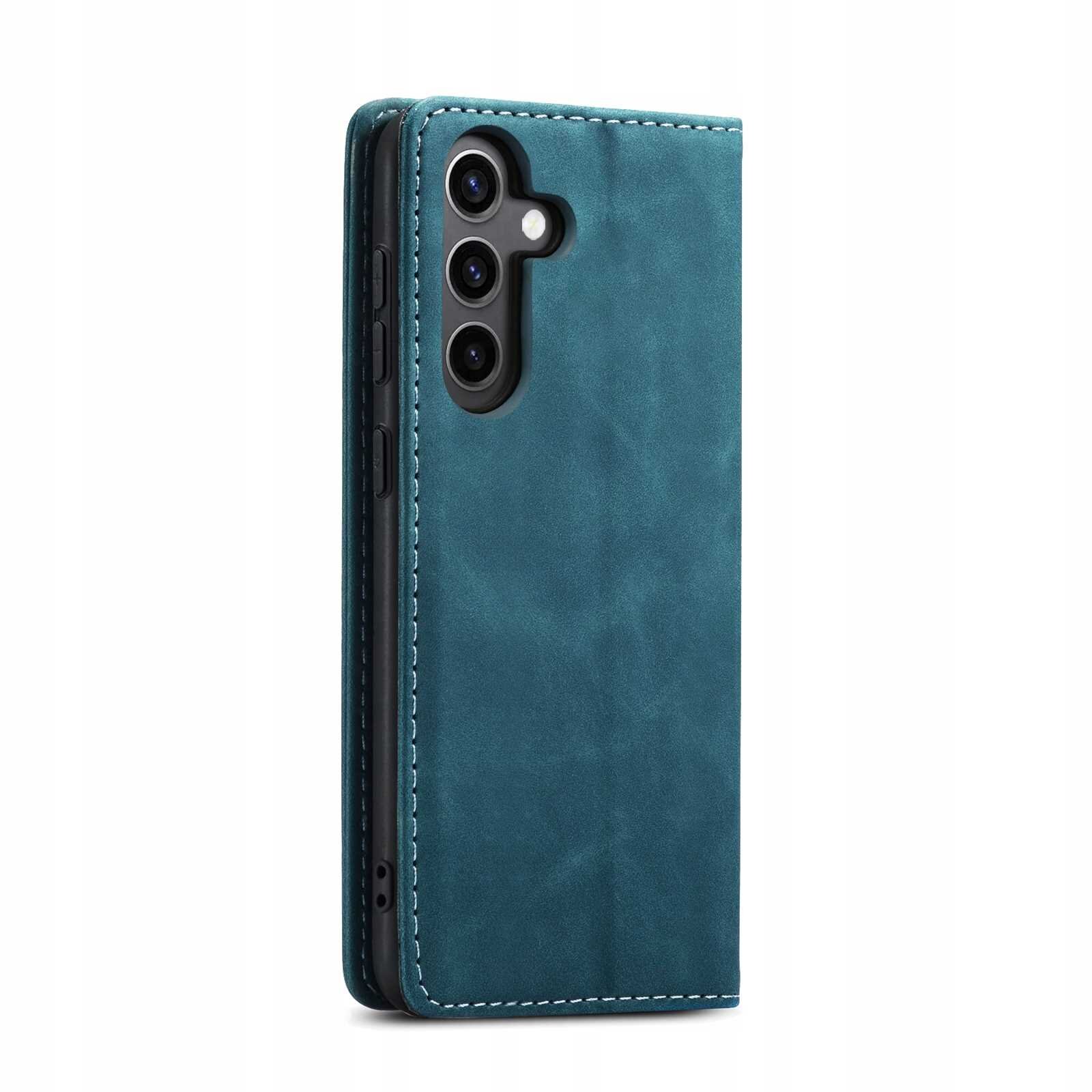 Niebieskie etui z klapką na telefon z trzema widocznymi otworami na aparaty. Etui ma widoczne przeszycia na krawędziach.