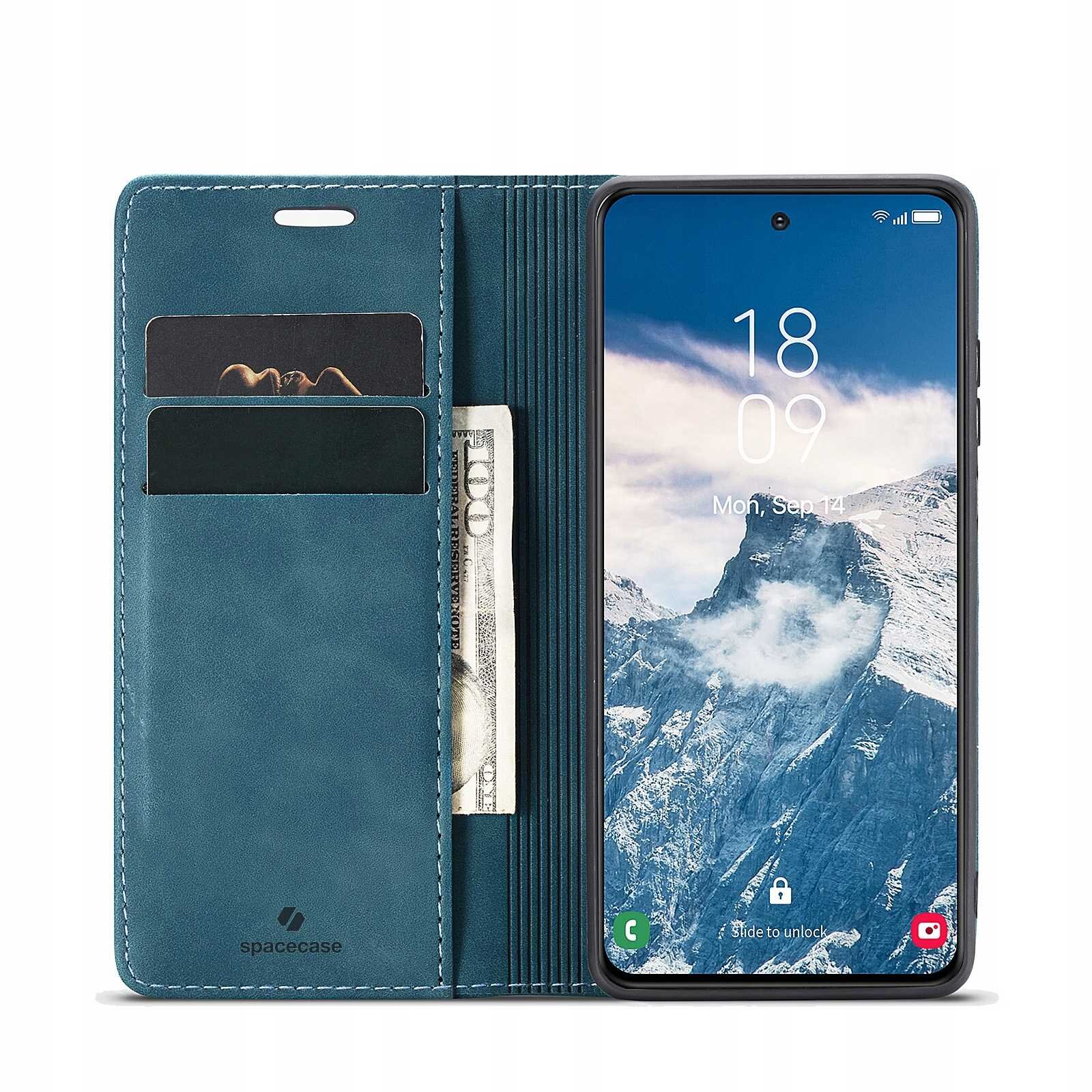 Etui z klapką w kolorze niebieskim z miejscem na karty i banknoty, obok smartfon z wyświetlaczem pokazującym godzinę 18:09 i datę Mon, Sep 14. Na etui widoczne jest logo \'spacecase\'.