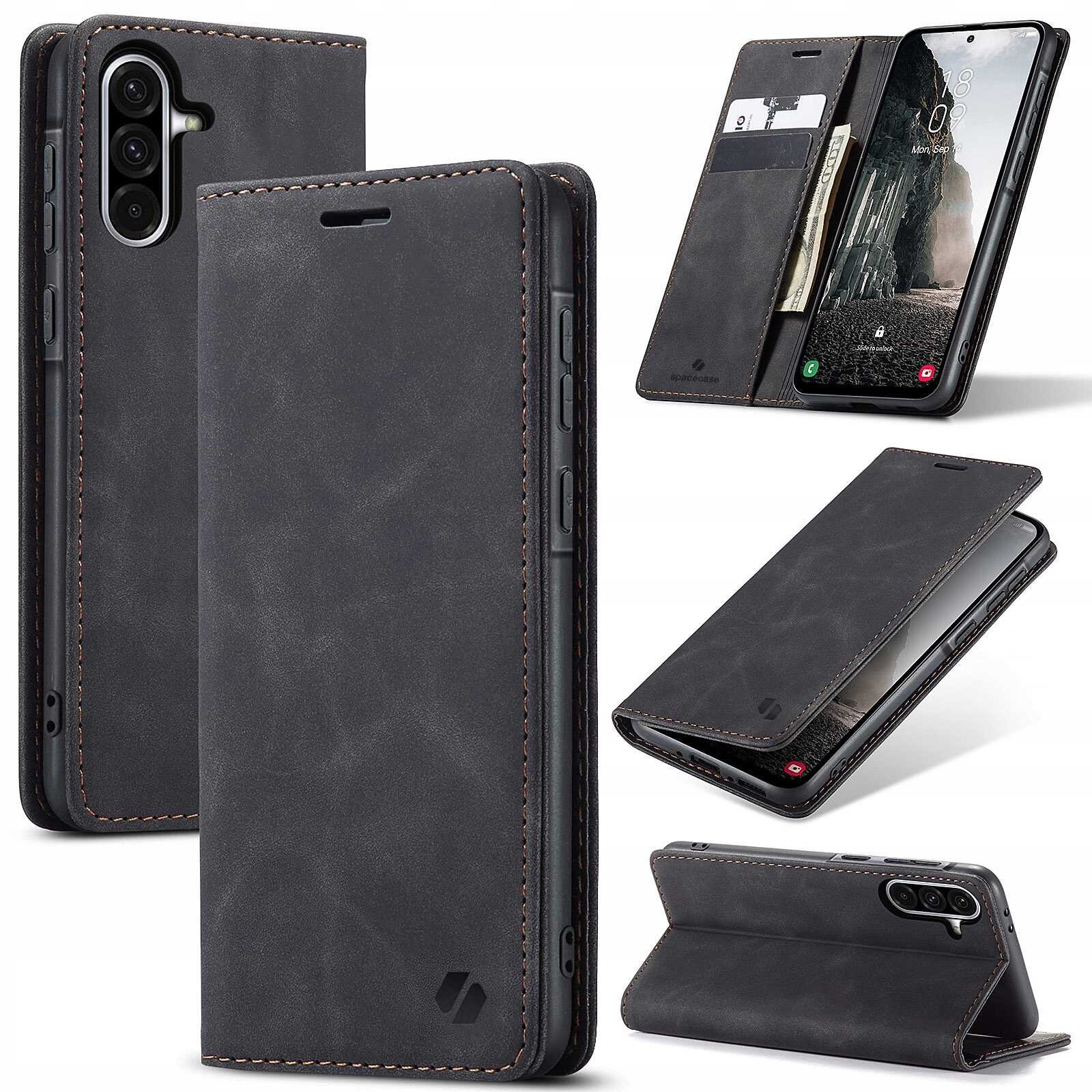 Na obrazie widoczne jest czarne etui z klapką, przeznaczone do telefonu, z miejscem na karty i banknoty. Etui ma elegancki wygląd z przeszyciami i otworem na aparat fotograficzny.