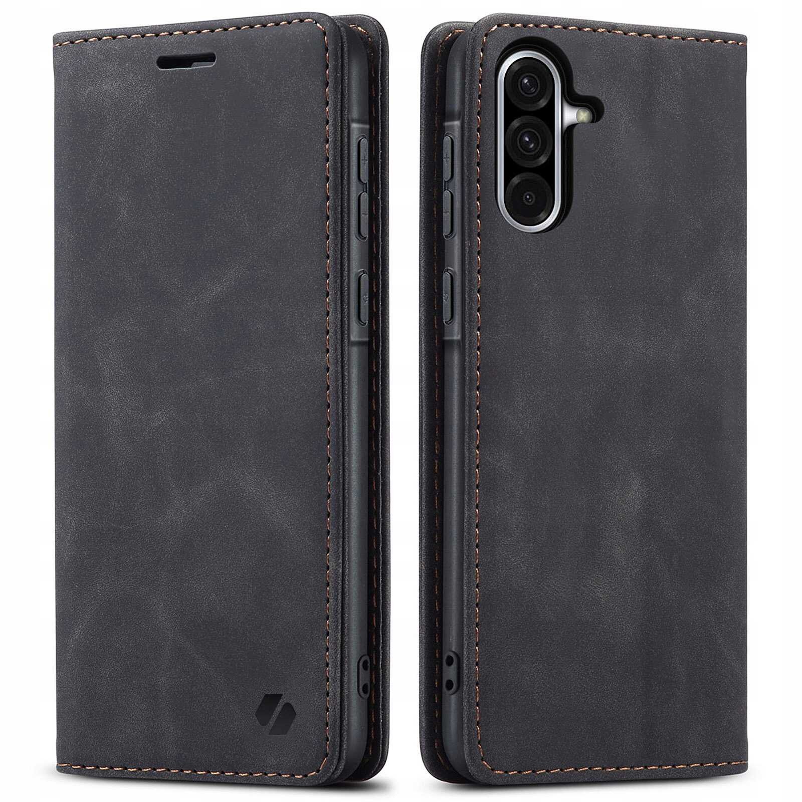 Na obrazie widoczne jest czarne etui z klapką, przeznaczone do telefonu, z trzema wycięciami na aparaty. Na dolnej części etui znajduje się logo w formie symbolu.