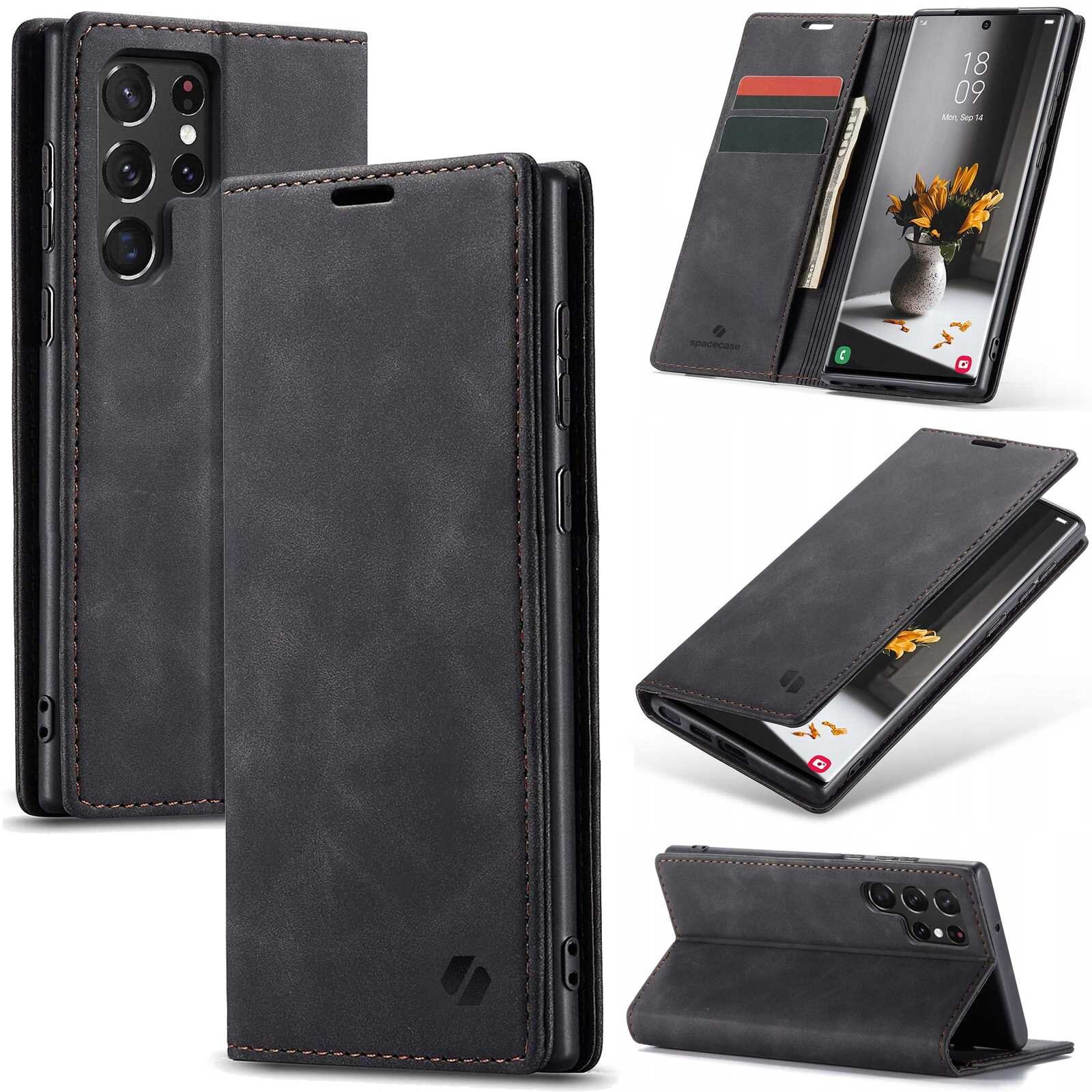 Czarne etui z klapką na telefon z miejscem na karty i wycięciem na aparat. Widoczne logo producenta na dolnej części etui.
