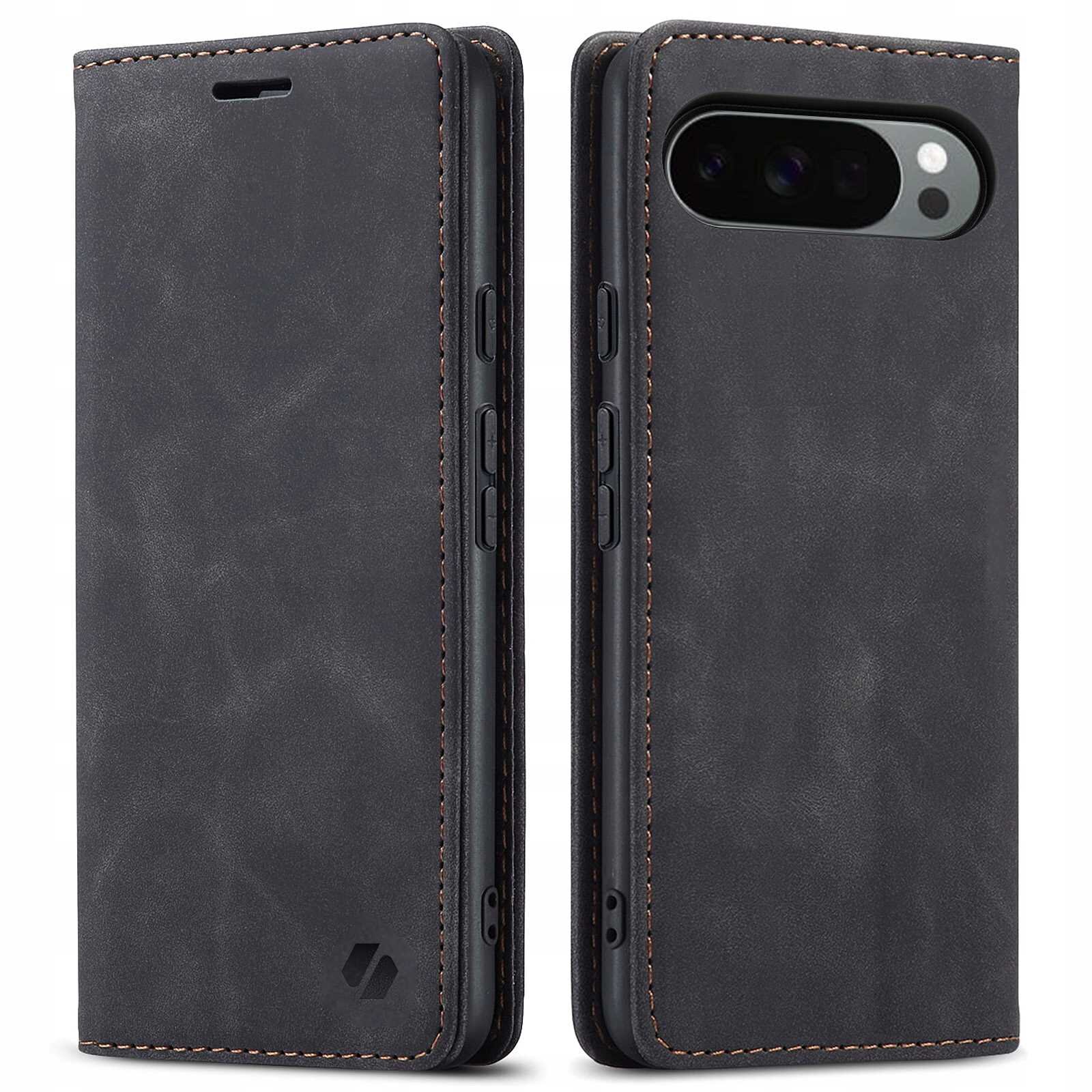 Czarne etui z klapką do telefonu, z widocznymi przyciskami bocznymi i otworem na aparat. Na etui znajduje się logo producenta.