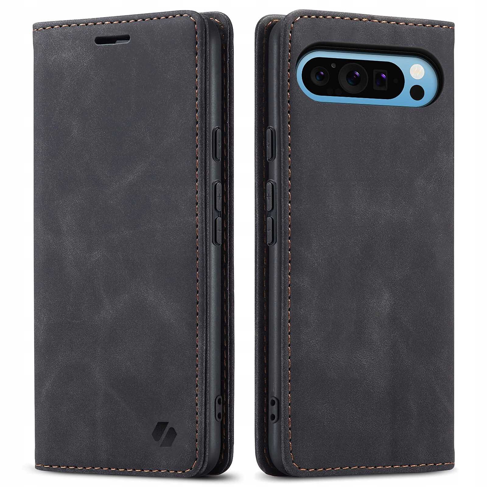 Czarne etui z klapką do telefonu, z widocznymi przyciskami bocznymi i otworem na aparat. Na etui znajduje się logo producenta.