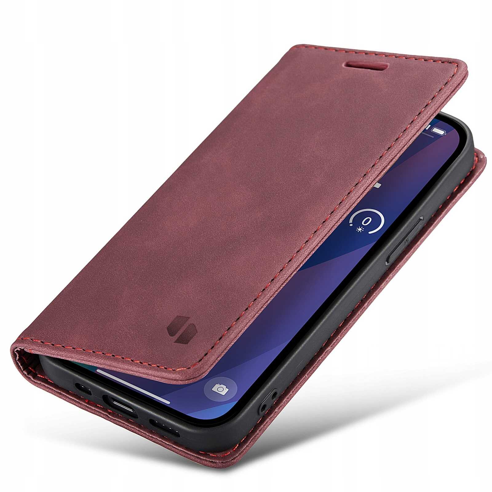 Czerwone etui z klapką na smartfon, z widocznym wycięciem na głośnik i logo producenta. Telefon w środku ma wyświetlony ekran z ikoną aparatu.