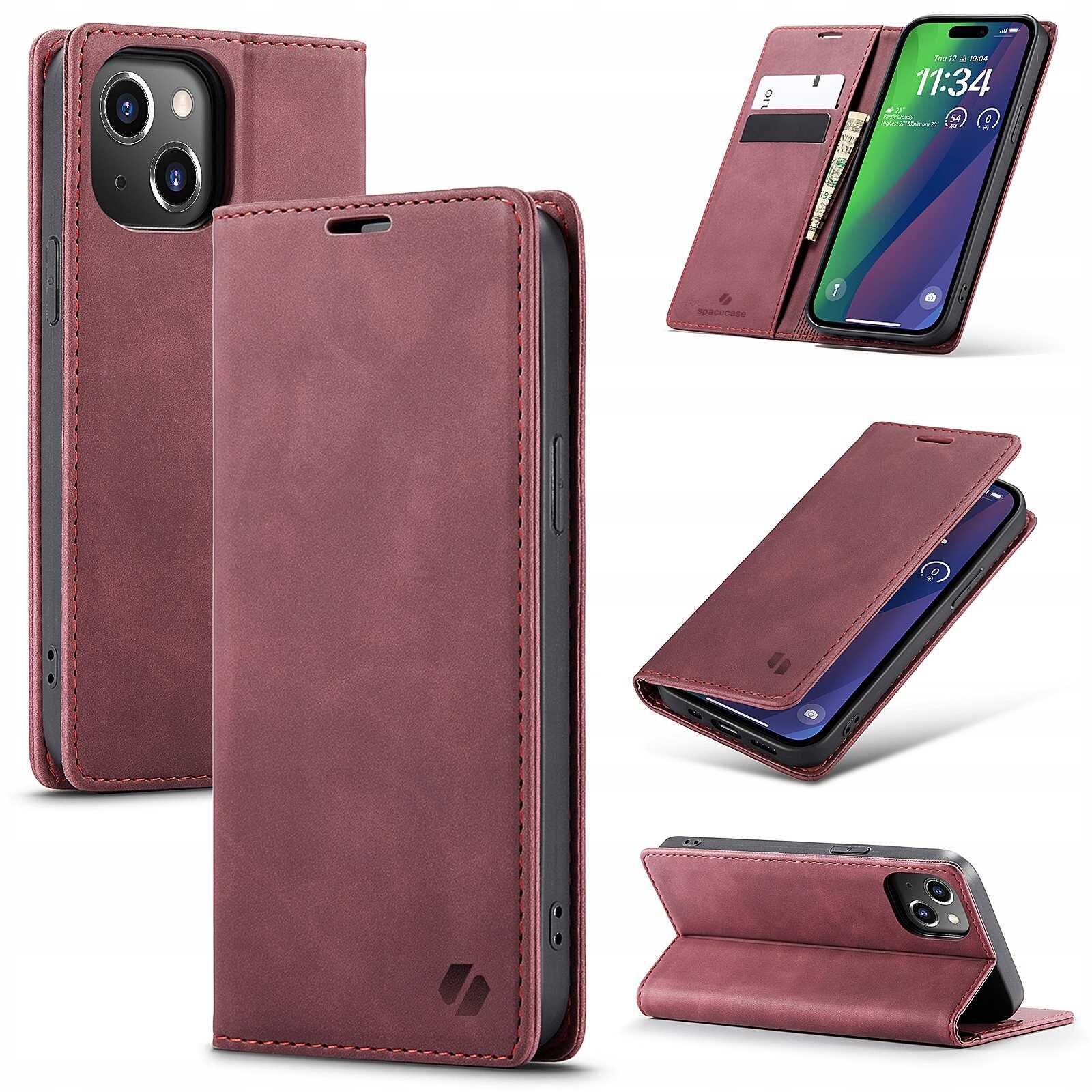 Czerwone etui z klapką na telefon, z miejscem na karty i funkcją stojaka. Widoczne logo producenta na dolnej części etui.
