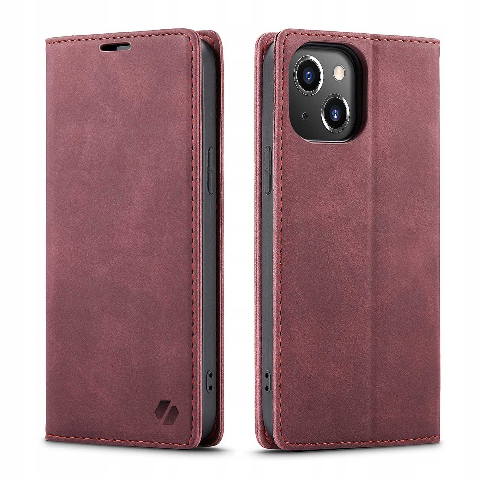 Czerwone etui z klapką do telefonu, widoczne z przodu i z tyłu, z wycięciem na aparat i logo producenta na dole. Etui ma gładką powierzchnię i przeszycia wzdłuż krawędzi.