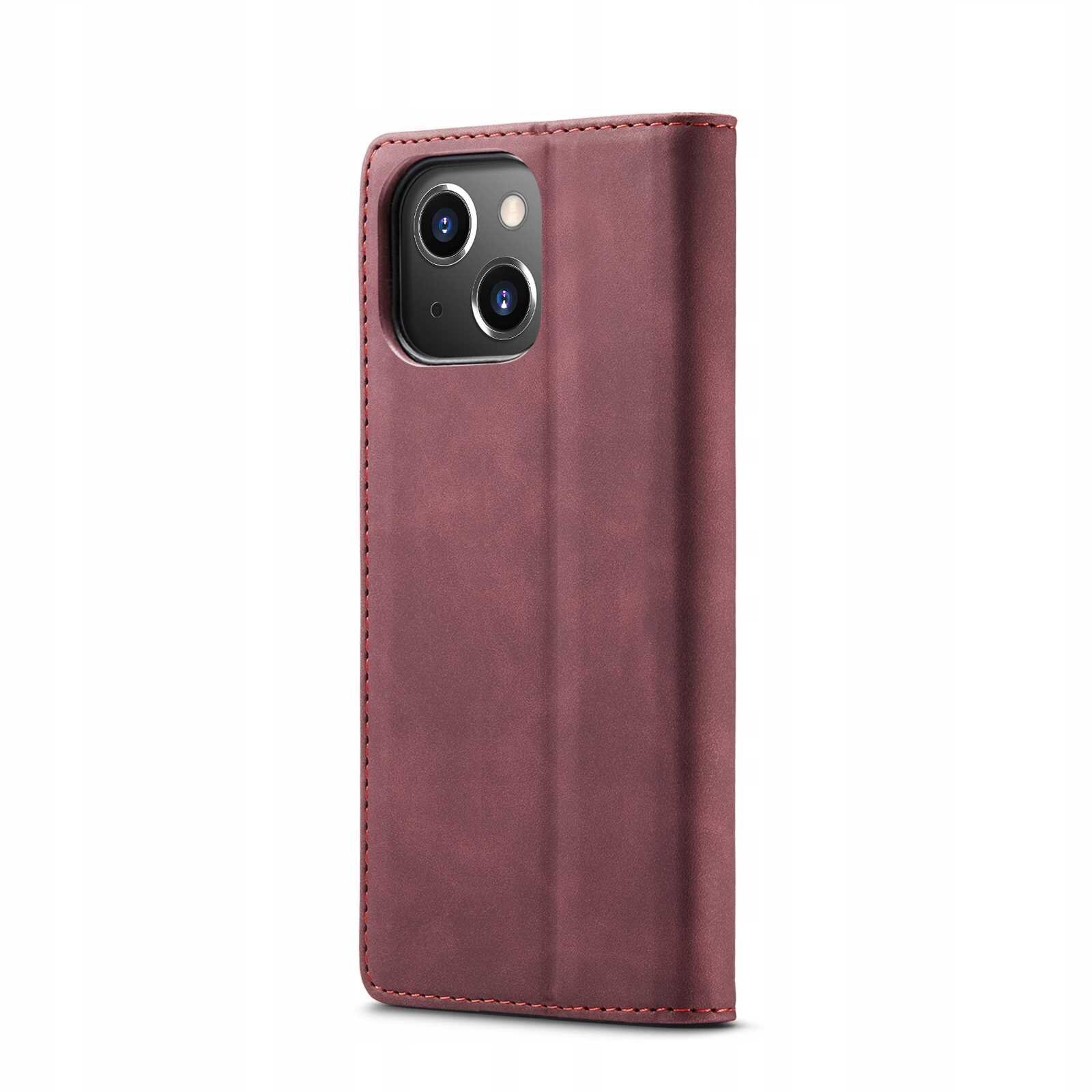 Czerwone etui z klapką na smartfon z widocznymi wycięciami na aparat. Etui ma gładką powierzchnię i przeszycia na krawędziach.