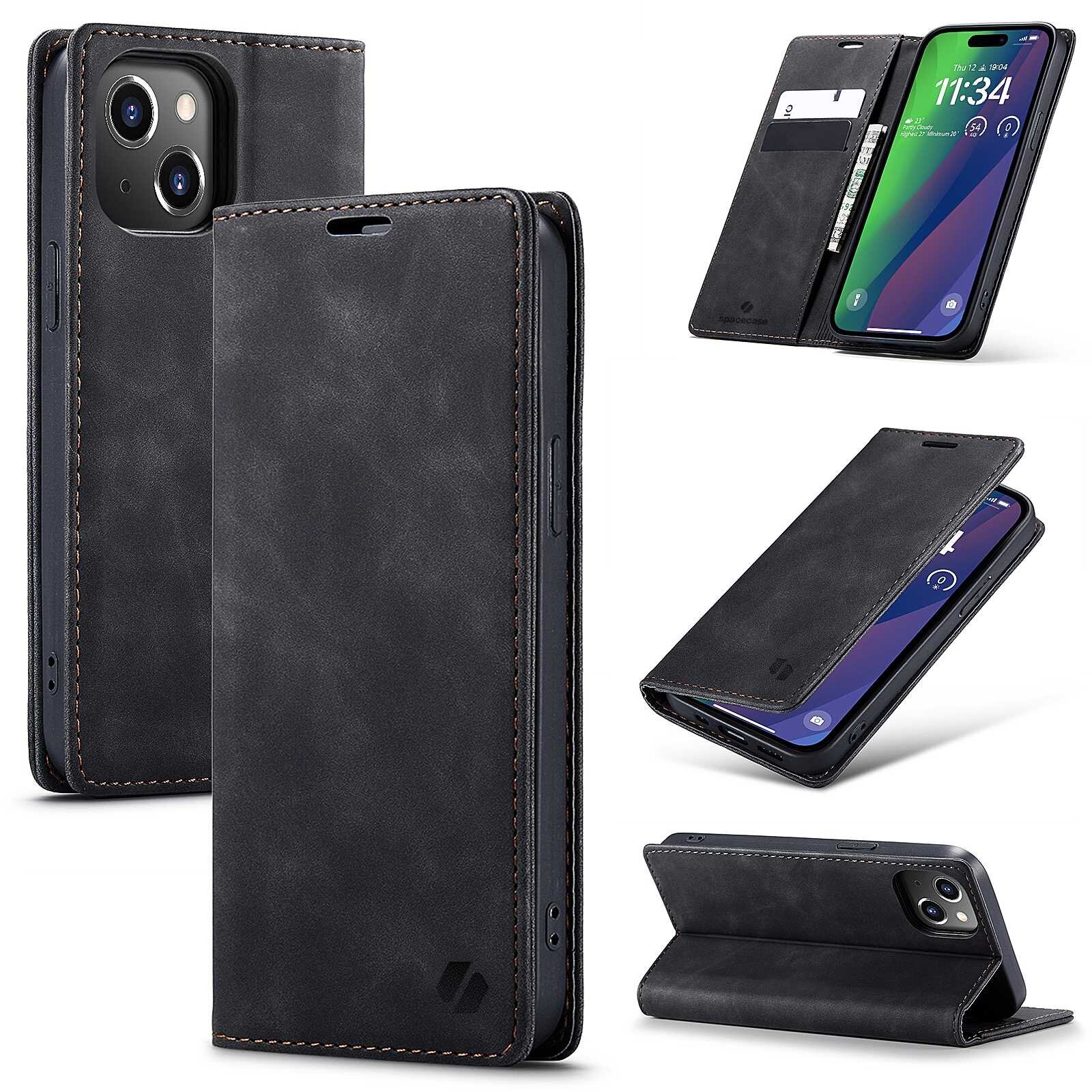 Czarne etui z klapką do telefonu, z miejscem na karty i funkcją stojaka. Widoczne są wycięcia na aparat i przyciski oraz logo producenta.