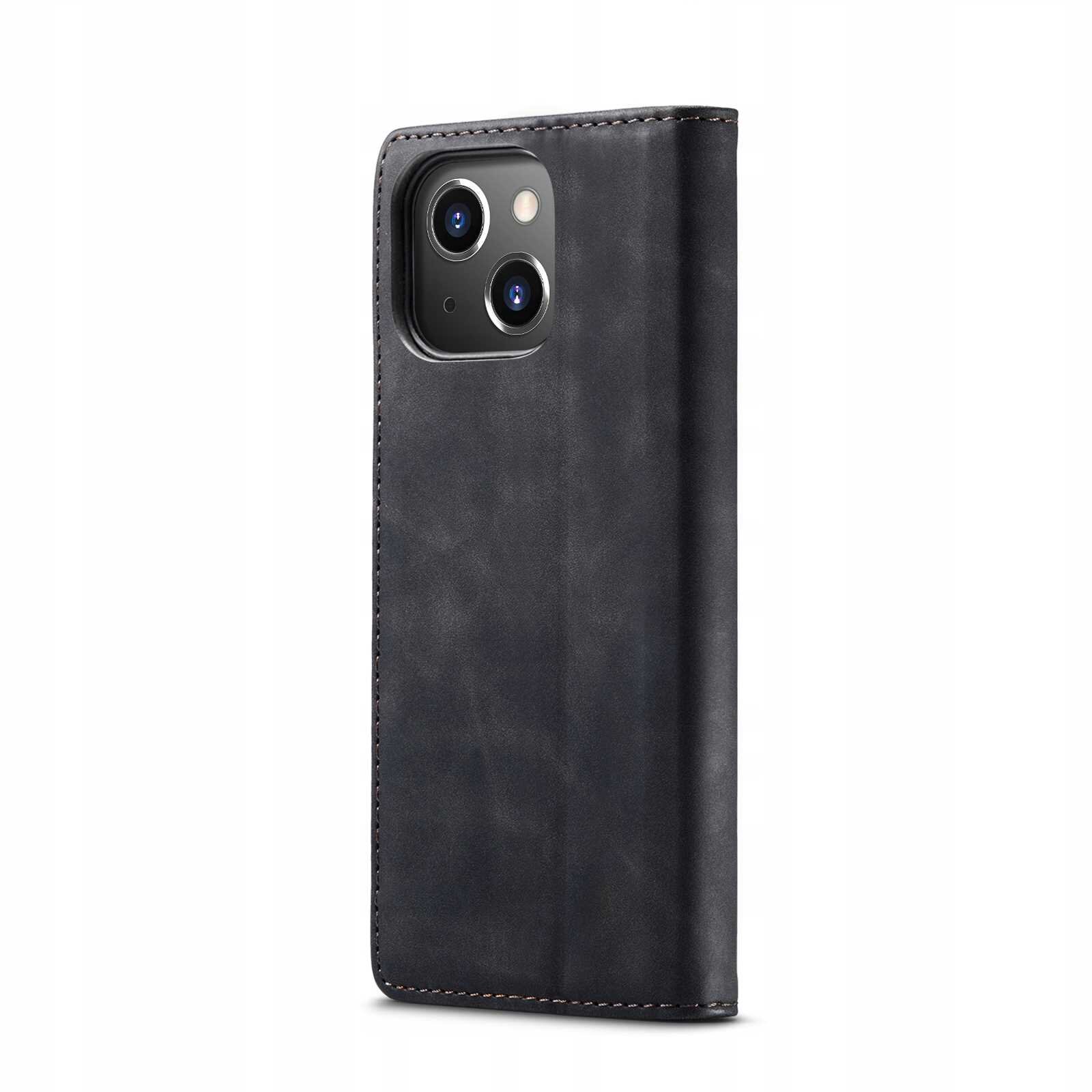 Czarne etui z klapką na telefon z widocznymi wycięciami na aparat. Etui ma gładką powierzchnię i jest zamknięte.