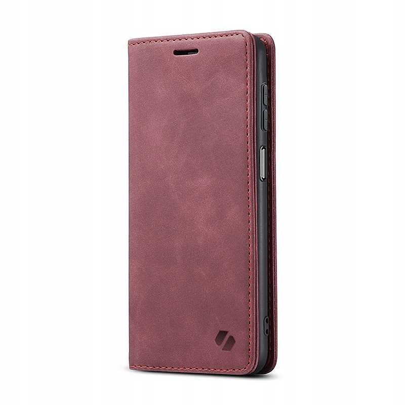 Czerwone etui z klapką do telefonu, wykonane z materiału przypominającego skórę, z widocznym logo w dolnym rogu. Etui jest zamknięte, a na jego boku widoczne są przyciski telefonu.