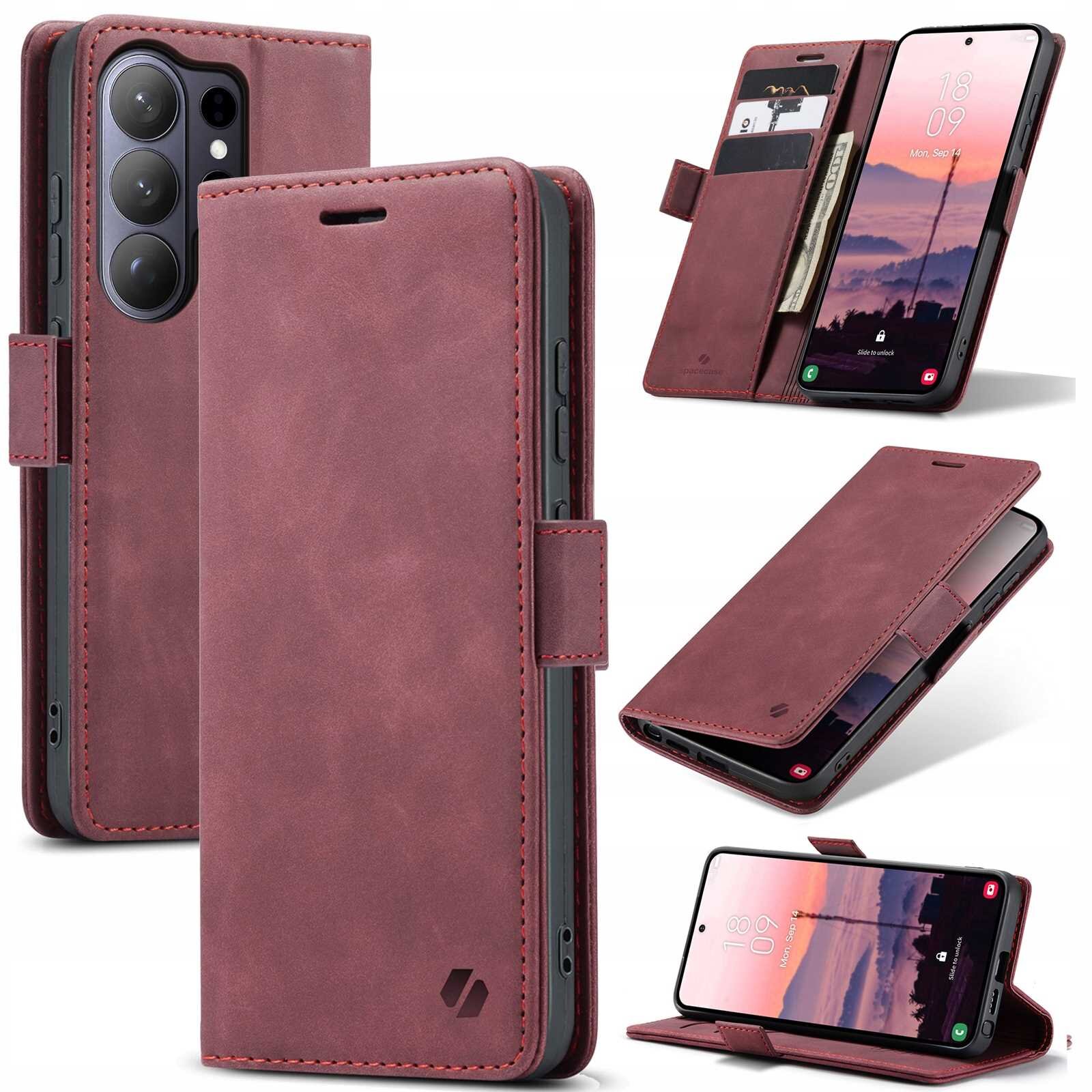 Czerwone etui z klapką na smartfon z miejscem na karty i wycięciem na aparat. Na ekranie telefonu widoczny jest tekst: \'18 09 Mon, Sep 4\'.