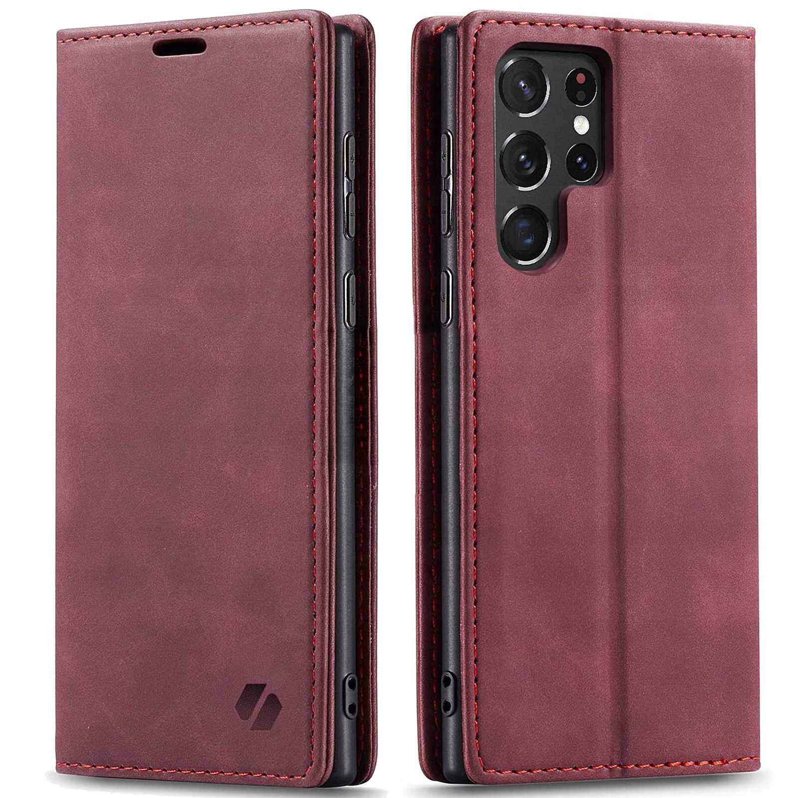 Czerwone etui z klapką na telefon, widoczne z przodu i z tyłu, z wycięciami na aparat i przyciski. Na dolnej części klapki znajduje się logo wytłoczone w materiale.