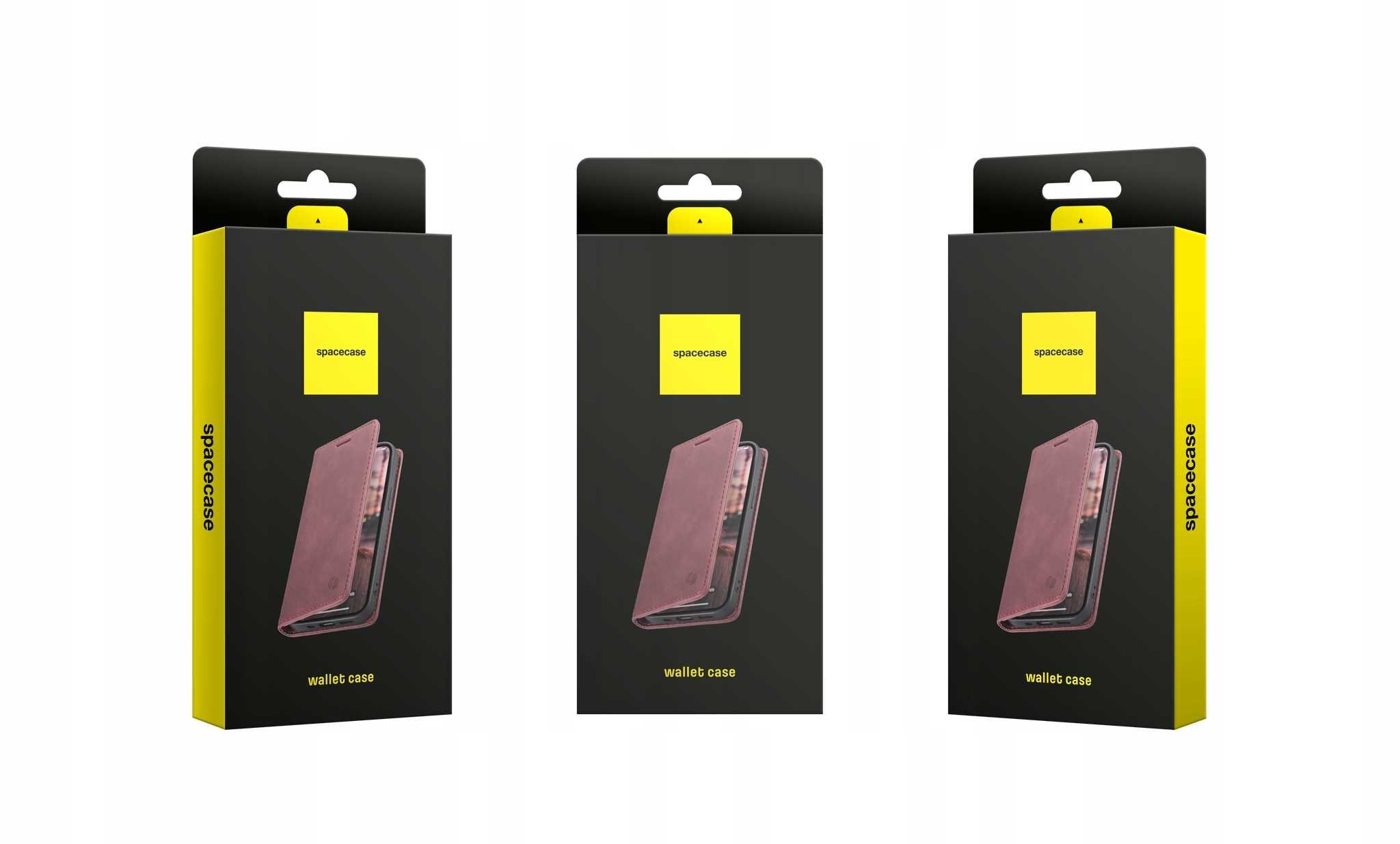 Trzy opakowania produktu z etui na telefon, każde z logo \'spacecase\' i zdjęciem czerwonego etui. Opakowania są czarne z żółtymi elementami i napisem \'wallet case\'.