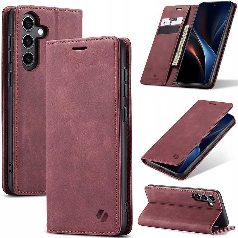 Na obrazie widoczne jest czerwone etui z klapką, przeznaczone do telefonu, z miejscem na karty i banknoty. Etui posiada wycięcia na aparat i przyciski oraz logo producenta.