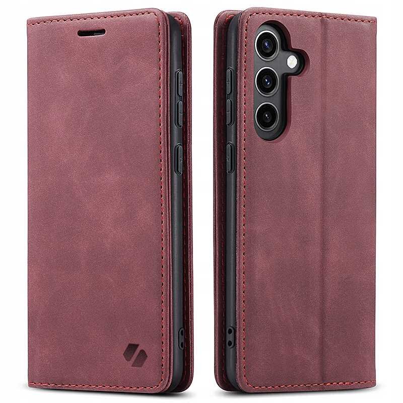 Na obrazie widoczne jest czerwone etui z klapką, przeznaczone do telefonu, z trzema otworami na aparaty fotograficzne. Na dolnej części etui znajduje się logo w formie dwóch nachodzących na siebie kształtów.