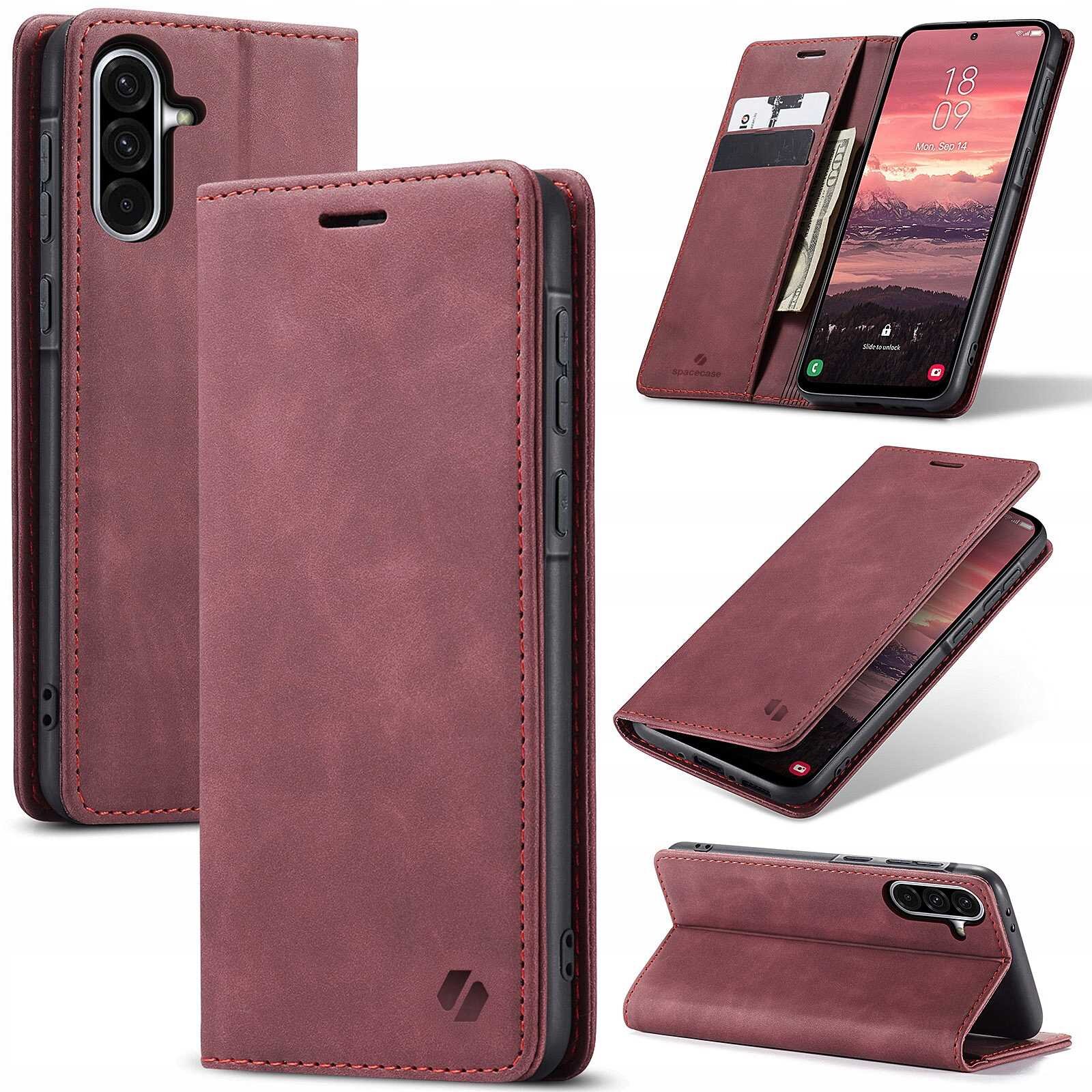 Czerwone etui z klapką do telefonu, z miejscem na karty i banknoty. Widoczne są różne ujęcia etui, w tym z zamkniętą i otwartą klapką oraz telefonem w środku.
