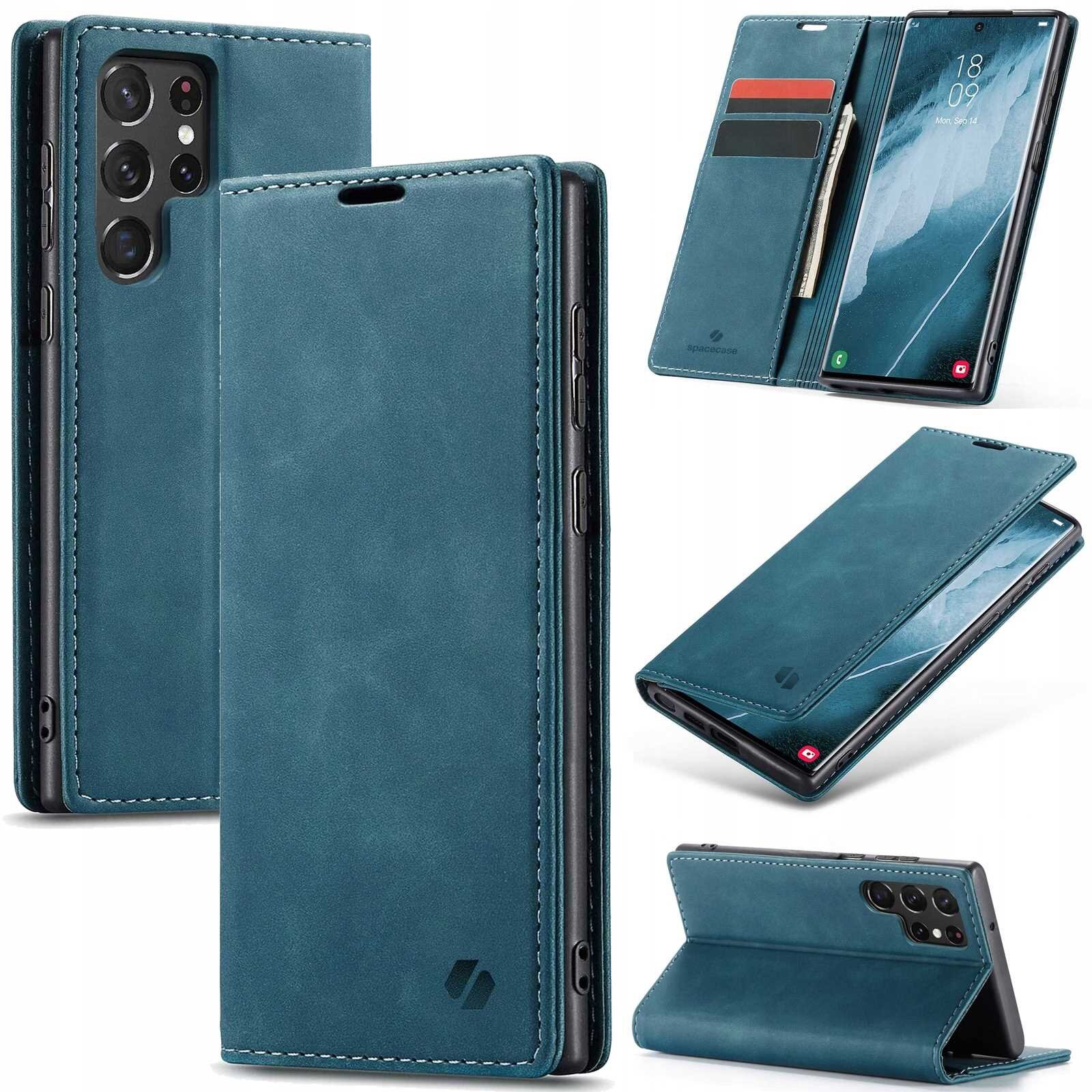 Na obrazie widoczne jest niebieskie etui z klapką do telefonu, z miejscem na karty i funkcją stojaka. Etui jest pokazane z różnych perspektyw, w tym z zamkniętą i otwartą klapką.