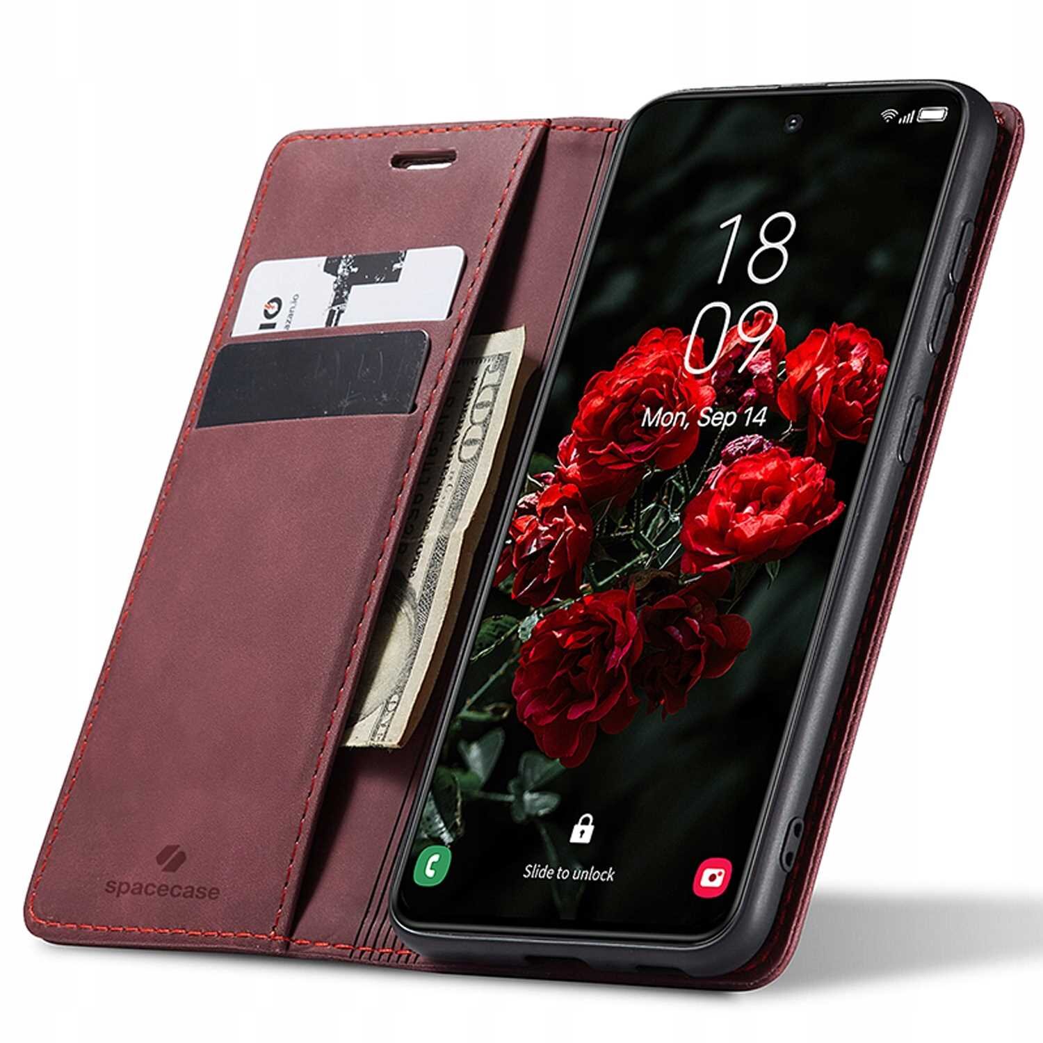 Czerwone etui z klapką na telefon, z miejscem na karty i banknoty. Na ekranie telefonu widoczny jest obraz kwiatów oraz godzina 18:09 i data Mon, Sep 14.