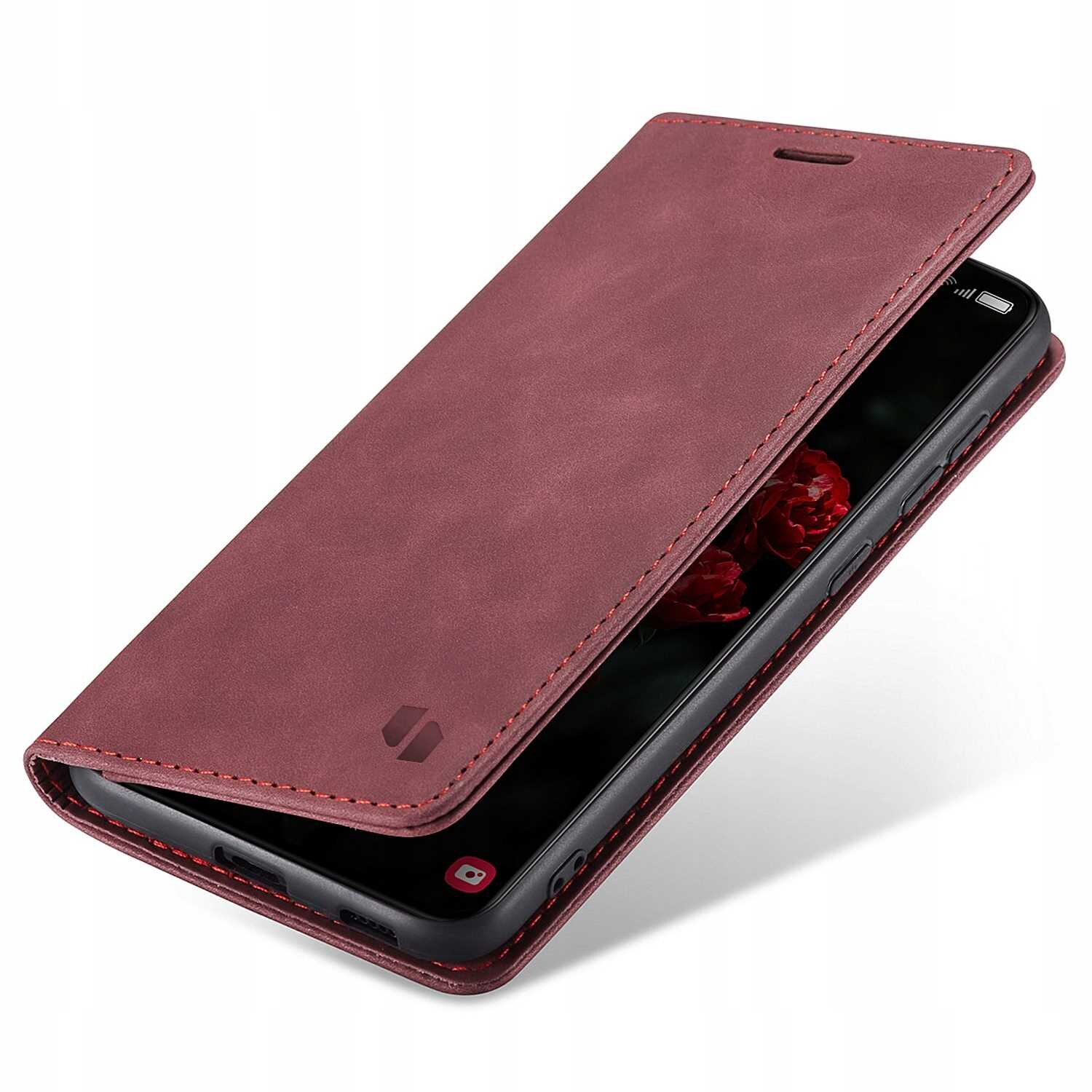 Czerwone etui z klapką na smartfon, z widocznym logo producenta. Telefon w środku wyświetla obraz kwiatów na ekranie.