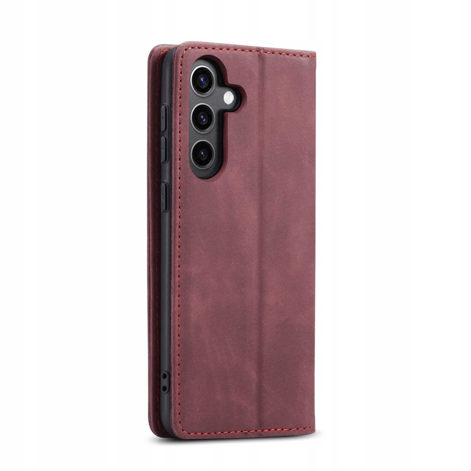 Czerwone etui z klapką na smartfon, z trzema otworami na aparaty fotograficzne i przyciskami bocznymi widocznymi na krawędzi.