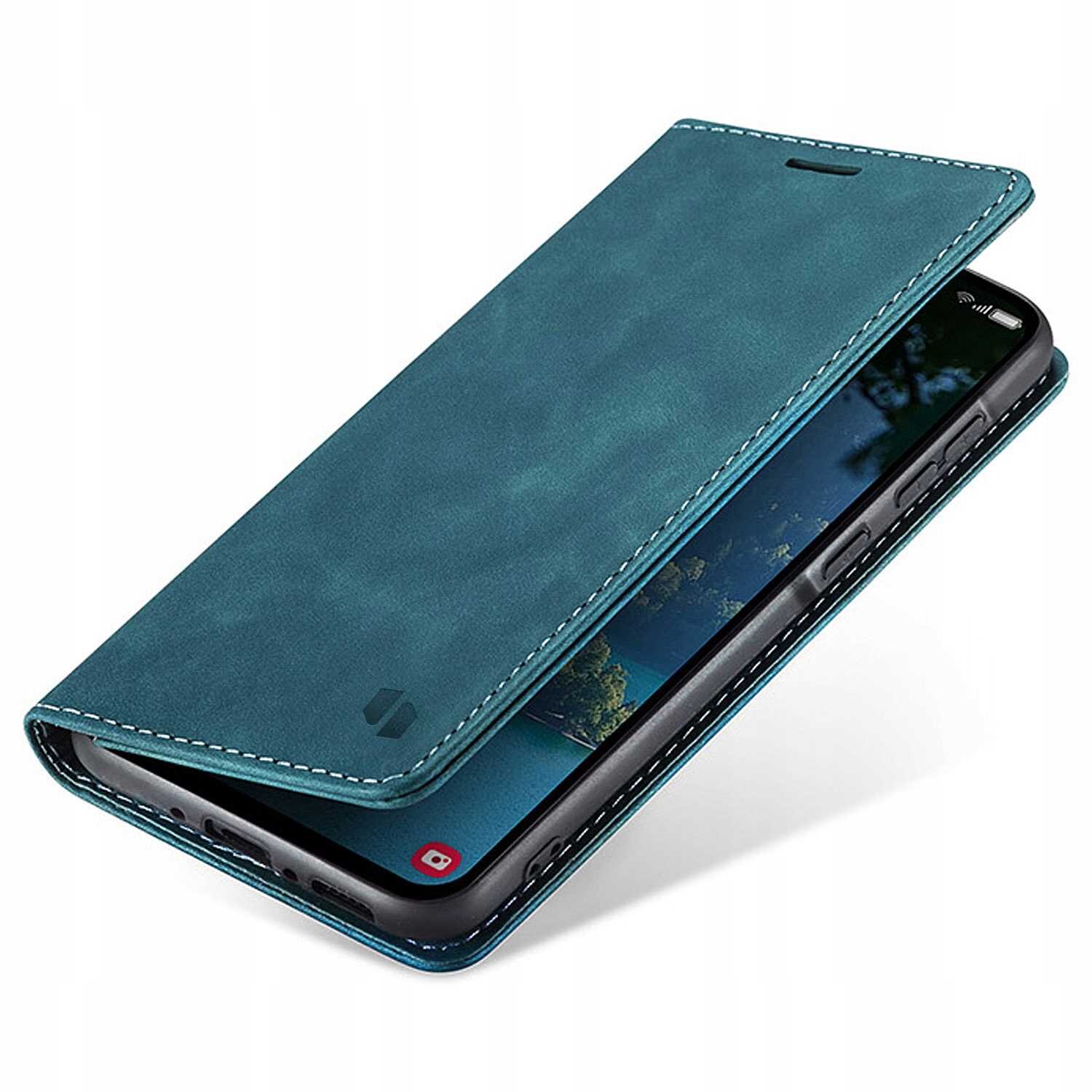 Niebieskie etui z klapką na telefon, z widocznym ekranem urządzenia wewnątrz. Na etui znajduje się niewielkie logo producenta.