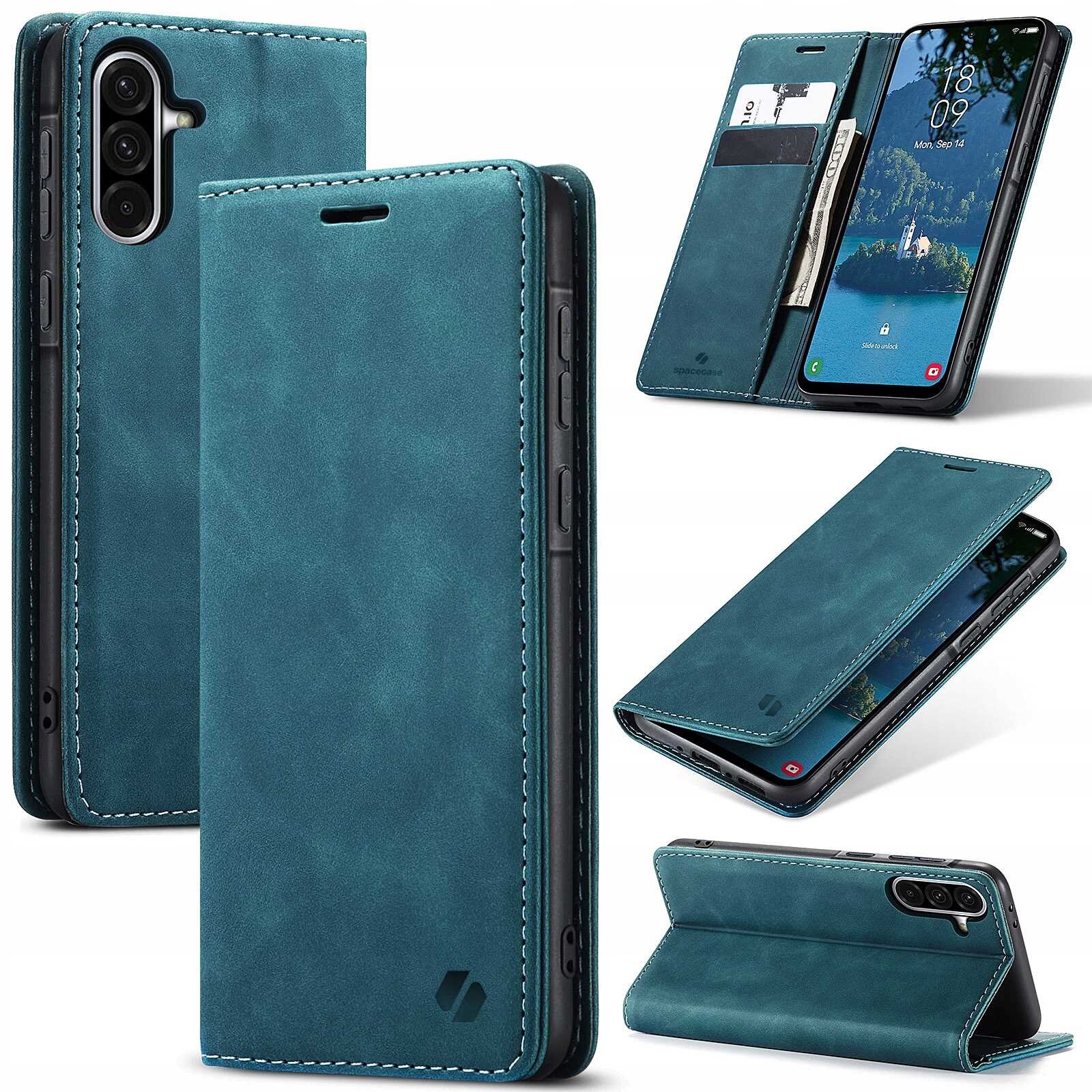 Niebieskie etui z klapką do telefonu, z miejscem na karty i funkcją stojaka. Widoczny jest telefon z wyświetlaczem oraz logo producenta na etui.