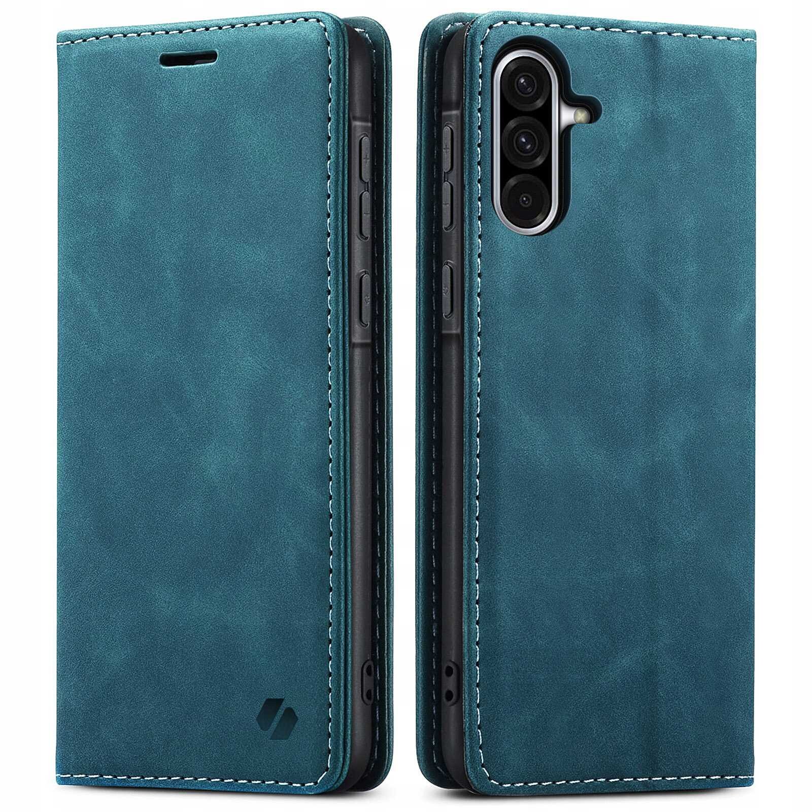 Etui z klapką w kolorze niebieskim, przeznaczone do telefonu, z widocznymi trzema otworami na aparat. Na etui znajduje się małe logo producenta.