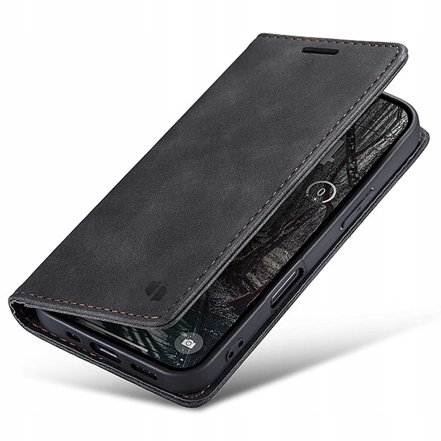 Czarne etui z klapką na smartfon, z widocznym wycięciem na głośnik. Telefon w środku pokazuje ekran z ikoną aparatu.