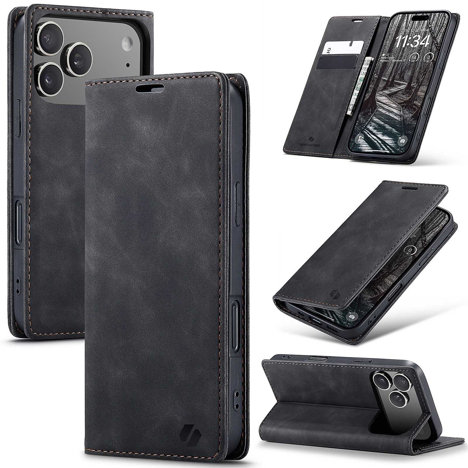 Na obrazie widoczne jest czarne etui z klapką na smartfon, z miejscem na karty i wycięciem na aparat. Etui prezentowane jest w różnych pozycjach, ukazując jego funkcjonalność jako stojak.