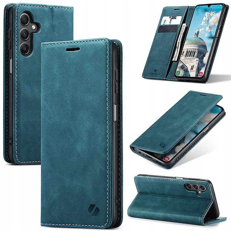 Niebieskie etui z klapką do telefonu, z miejscem na karty i funkcją stojaka. Widoczne logo producenta na dolnej części etui.