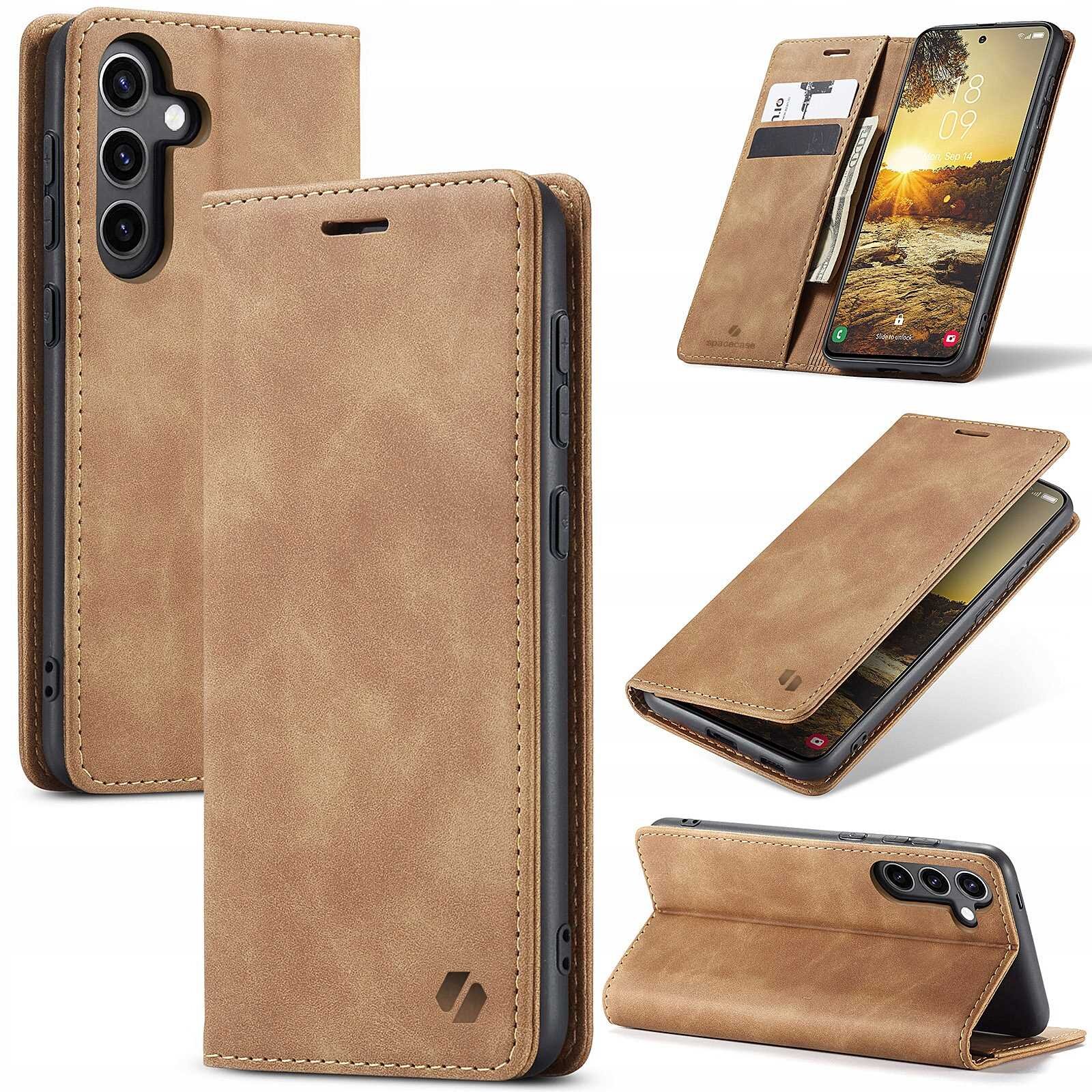 Brązowe etui z klapką do telefonu, z miejscem na karty i funkcją stojaka. Widoczne logo producenta na dolnej części etui.