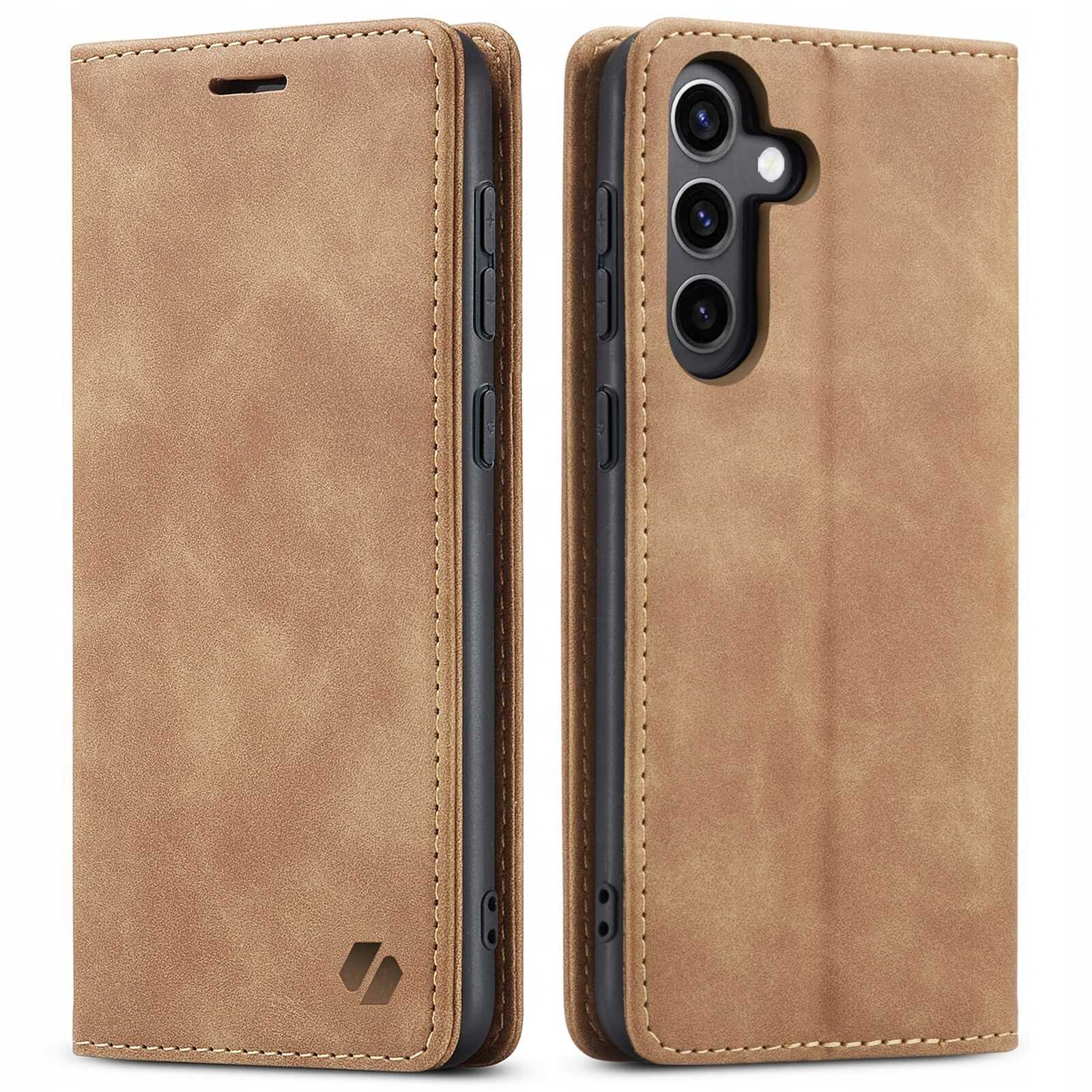 Brązowe etui z klapką do telefonu, z trzema otworami na aparaty i logo producenta w dolnym rogu. Etui ma widoczne przyciski boczne i wycięcie na głośnik.