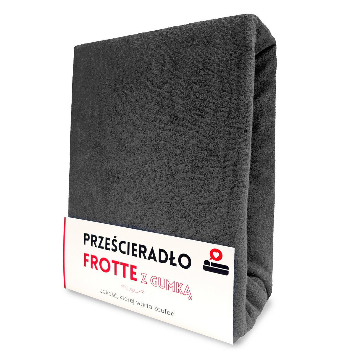 Na obrazie widoczne jest złożone, ciemnoszare prześcieradło frotte z gumką. Na opakowaniu znajduje się tekst: \'PRZEŚCIERADŁO FROTTE Z GUMKĄ Jakość, której warto zaufać\'.