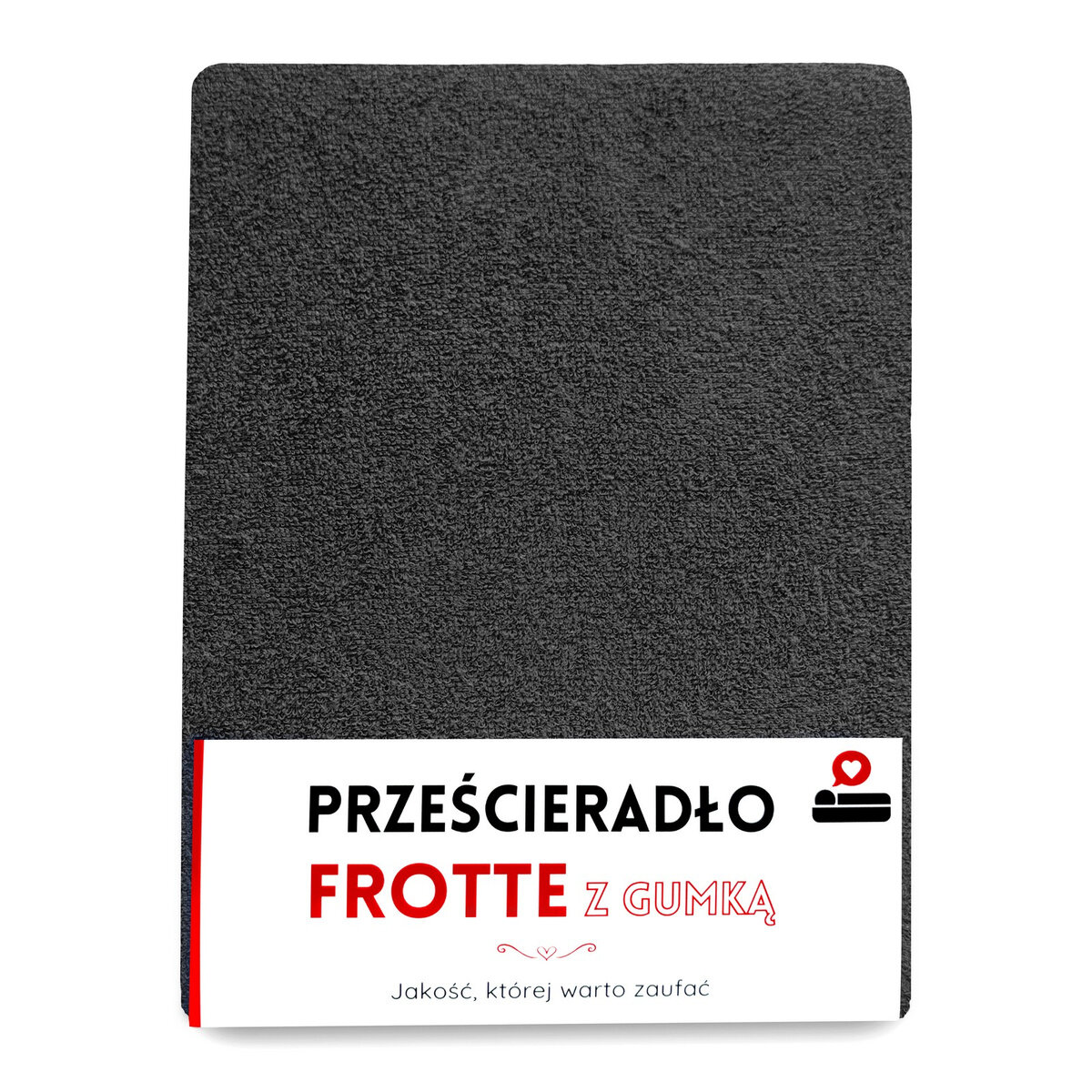 Ciemnoszare prześcieradło frotte z gumką, zaprezentowane na białym tle. Na dole widoczny jest biały pasek z tekstem: \'PRZEŚCIERADŁO FROTTE Z GUMKĄ\' oraz \'Jakość, której warto zaufać\'.