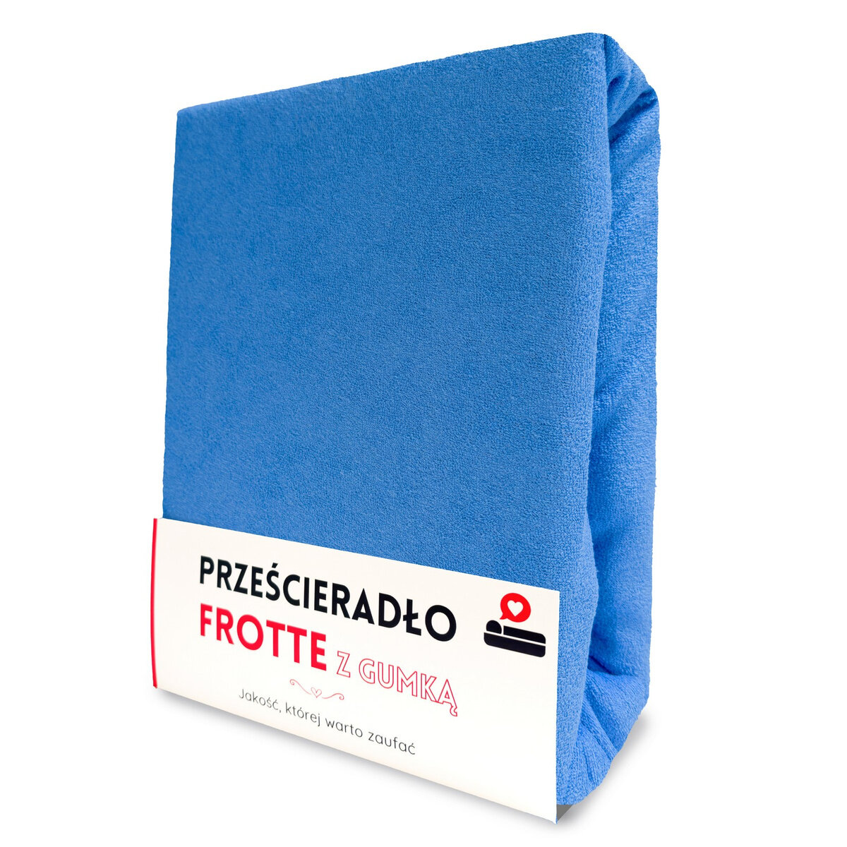 Niebieskie prześcieradło frotte z gumką, zapakowane w opakowanie z napisem \'PRZEŚCIERADŁO FROTTE Z GUMKĄ\'. Na opakowaniu widnieje również tekst \'Jakość, której warto zaufać\'.
