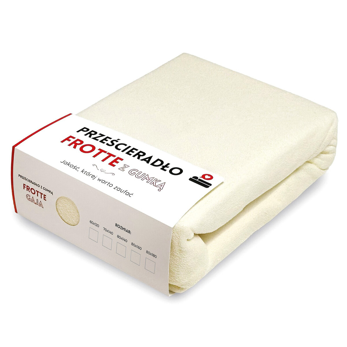 Na zdjęciu widoczne jest złożone prześcieradło frotte w jasnym kolorze, opakowane w kartonową opaskę z napisem \'PRZEŚCIERADŁO FROTTE Z GUMKĄ\'. Na opasce znajduje się również tekst \'Jakość, której warto zaufać\' oraz logo producenta.