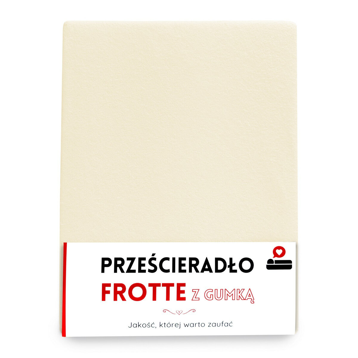 Beżowe prześcieradło frotte z gumką, zapakowane w opakowanie z napisem \'PRZEŚCIERADŁO FROTTE Z GUMKĄ\'. Na dole opakowania widnieje tekst \'Jakość, której warto zaufać\'.