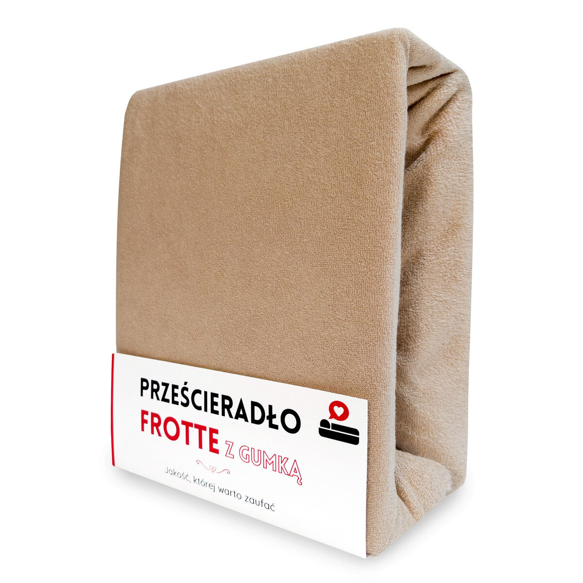 Beżowe prześcieradło frotte z gumką, zapakowane w opakowanie z napisem \'PRZEŚCIERADŁO FROTTE Z GUMKĄ\'. Na opakowaniu widnieje również tekst \'Jakość, której warto zaufać\'.
