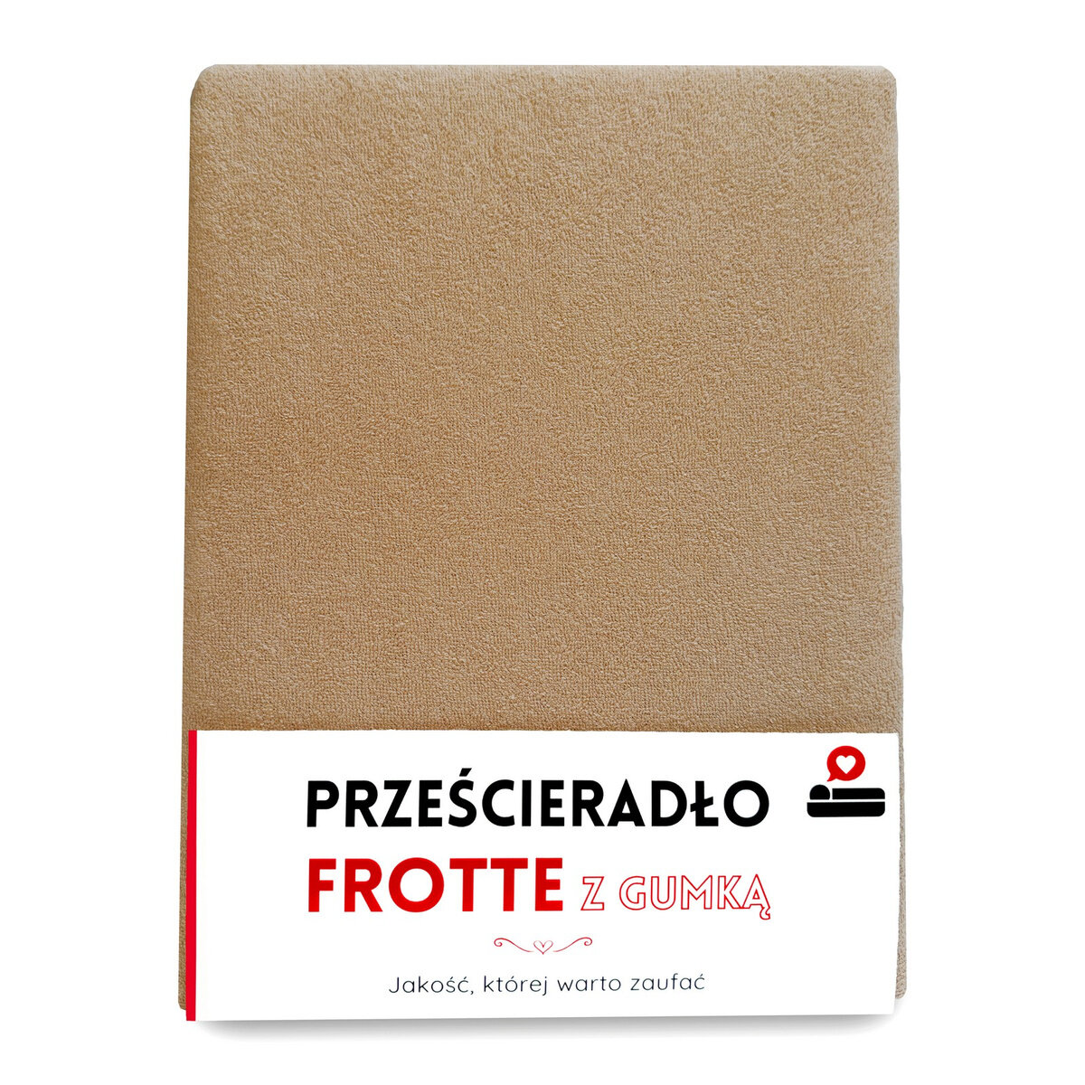Beżowe prześcieradło frotte z gumką, zapakowane w opakowanie z napisem \'PRZEŚCIERADŁO FROTTE Z GUMKĄ\'. Na opakowaniu znajduje się również tekst \'Jakość, której warto zaufać\'.