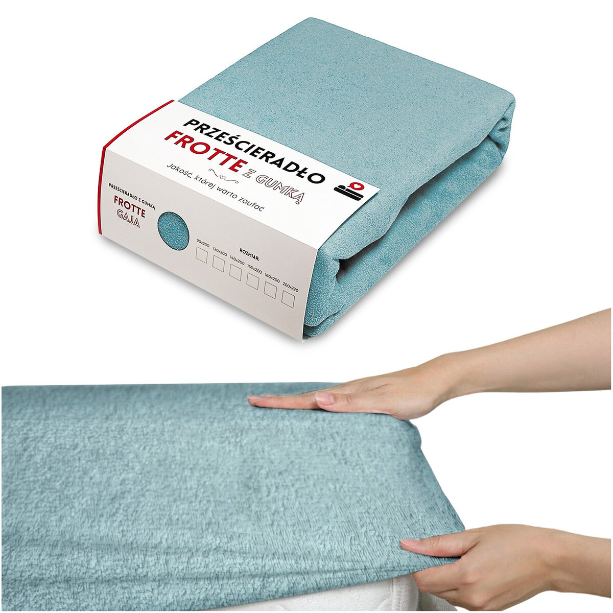 Na obrazie widoczne jest złożone prześcieradło frotte w kolorze niebieskim z opakowaniem zawierającym napis \'PRZEŚCIERADŁO FROTTE z GUMKĄ\'. Poniżej pokazano ręce rozkładające prześcieradło na materacu.