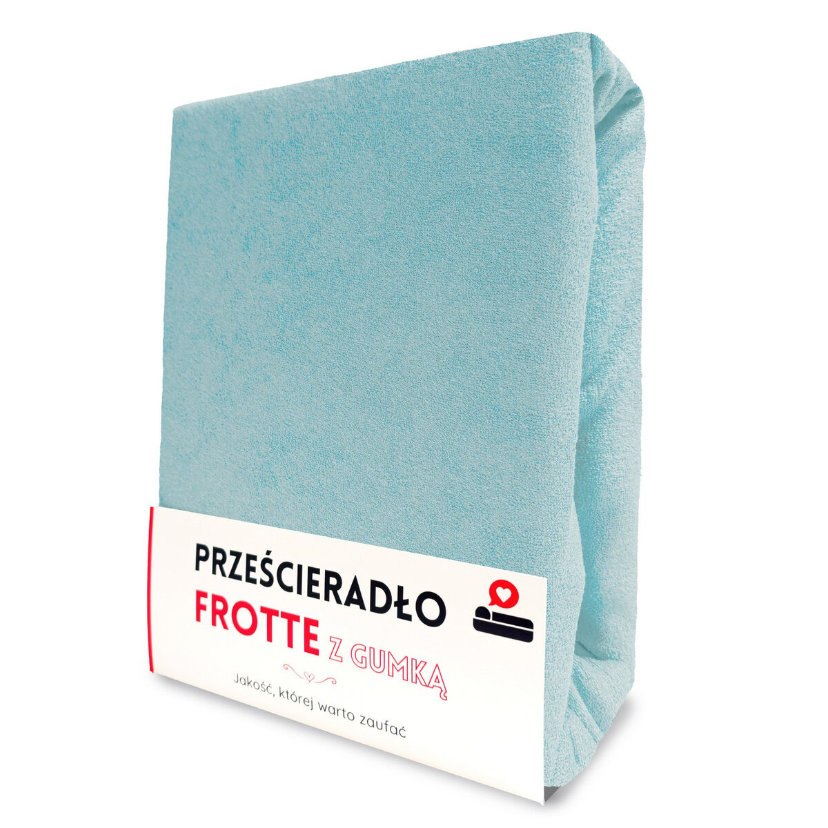 Na obrazie widoczne jest złożone, niebieskie prześcieradło frotte z gumką. Na opakowaniu znajduje się tekst: \'PRZEŚCIERADŁO FROTTE Z GUMKĄ Jakość, której warto zaufać\'.