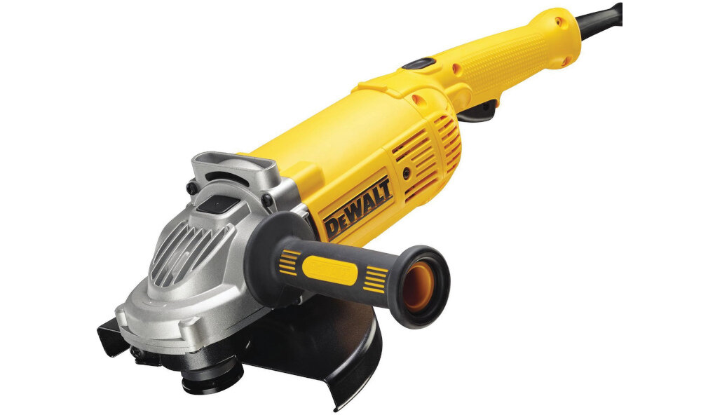 Na obrazie widoczna jest żółta szlifierka kątowa z czarnym uchwytem i srebrną głowicą. Na obudowie znajduje się logo \'DEWALT\'.