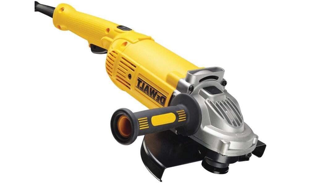 Żółta szlifierka kątowa z czarnym uchwytem i srebrną głowicą. Na obudowie widoczne jest logo \'DEWALT\'.