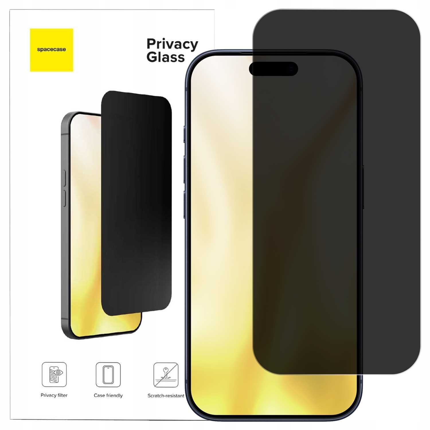 Na obrazie widoczny jest produkt \'Privacy Glass\' marki spacecase, przeznaczony do iPhone 16 Pro Max/17 Pro Max. Opakowanie zawiera informacje o funkcjach: filtr prywatności, kompatybilność z etui, odporność na zarysowania.