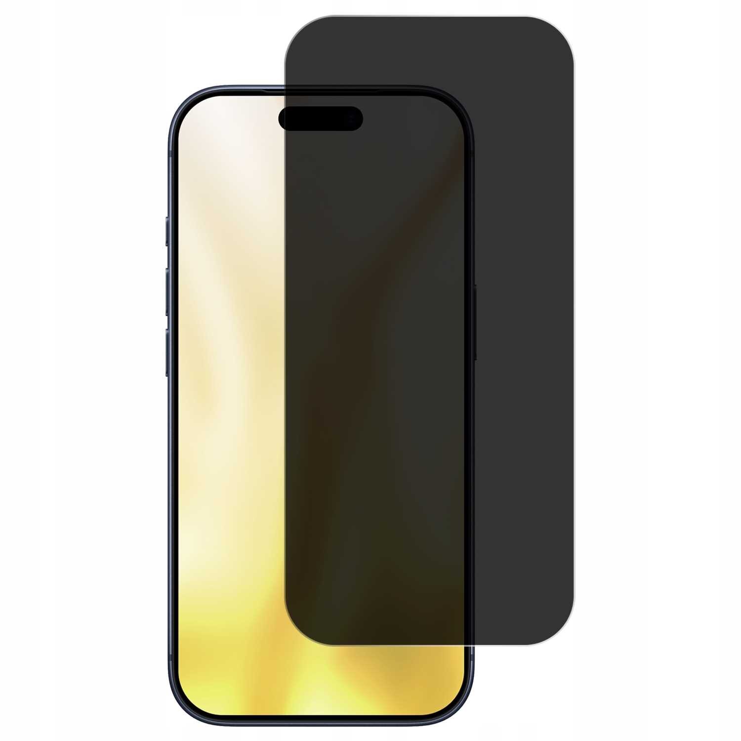 Na obrazie widoczny jest telefon z nałożonym szkłem prywatyzującym, które jest ciemne i zasłania ekran. Szkło jest przeznaczone do iPhone 16 Pro Max/17 Pro Max.
