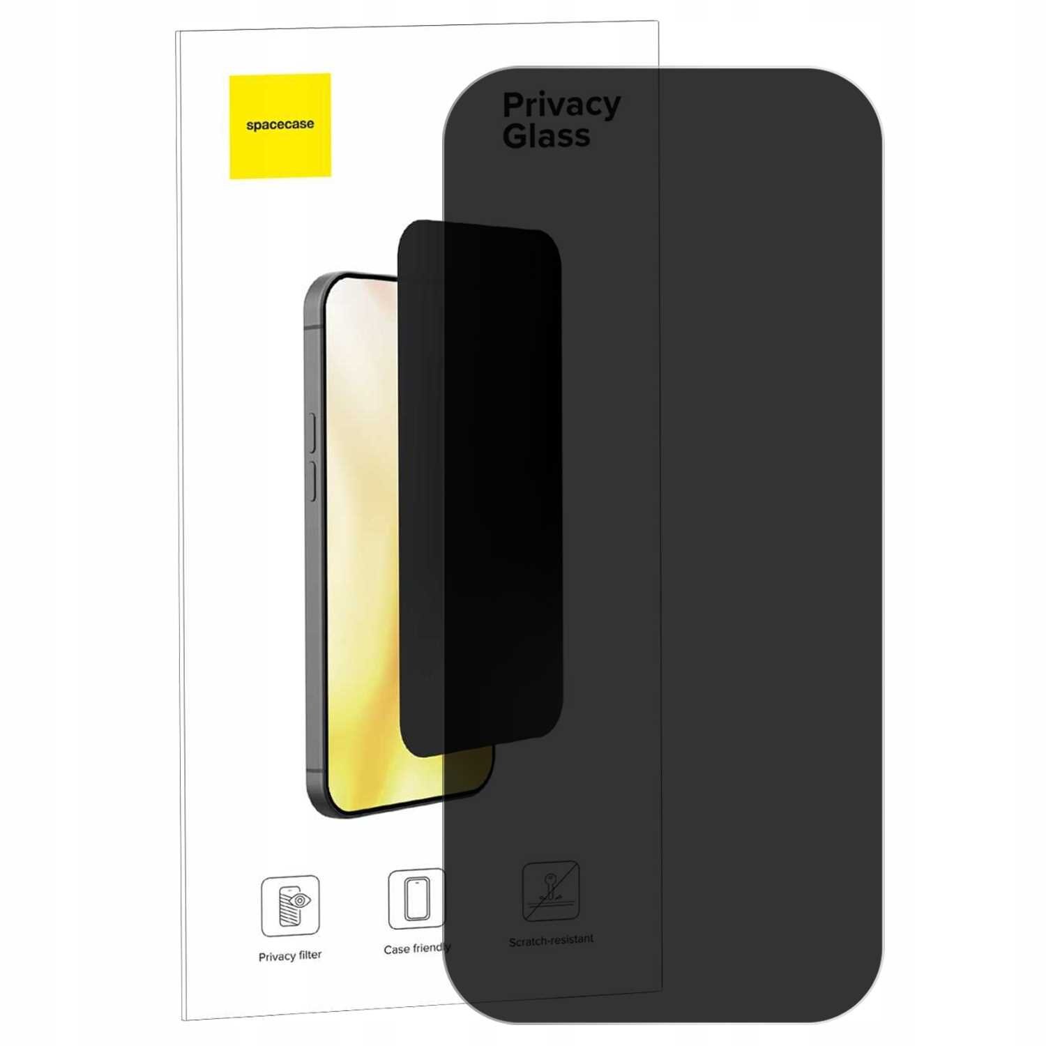 Obraz przedstawia szkło prywatyzujące z napisem \'Privacy Glass\' na tle opakowania z logo \'spacecase\'. Na opakowaniu widoczne są ikony z podpisami: \'Privacy filter\', \'Case friendly\', \'Scratch-resistant\'.