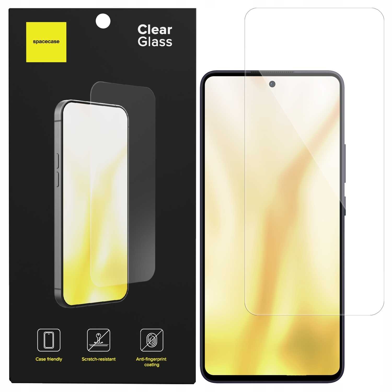 Opakowanie szkła hartowanego SPACECASE z napisem \'Clear Glass\' oraz wizualizacja szkła na telefonie. Na dole opakowania ikony z napisami: \'Case friendly\', \'Scratch-resistant\', \'Anti-fingerprint coating\'.
