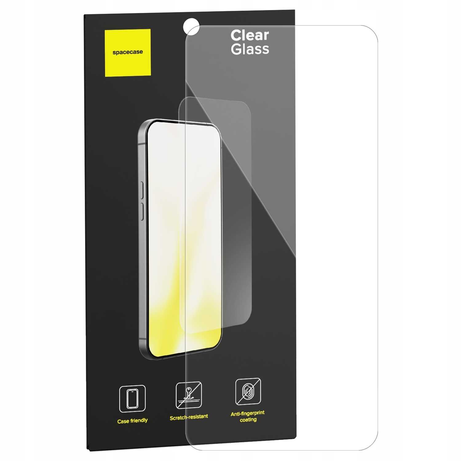 Opakowanie szkła hartowanego z napisem \'spacecase\' i \'Clear Glass\'. Na dole widoczne ikony z opisami: \'Case friendly\', \'Scratch-resistant\', \'Anti-fingerprint coating\'.