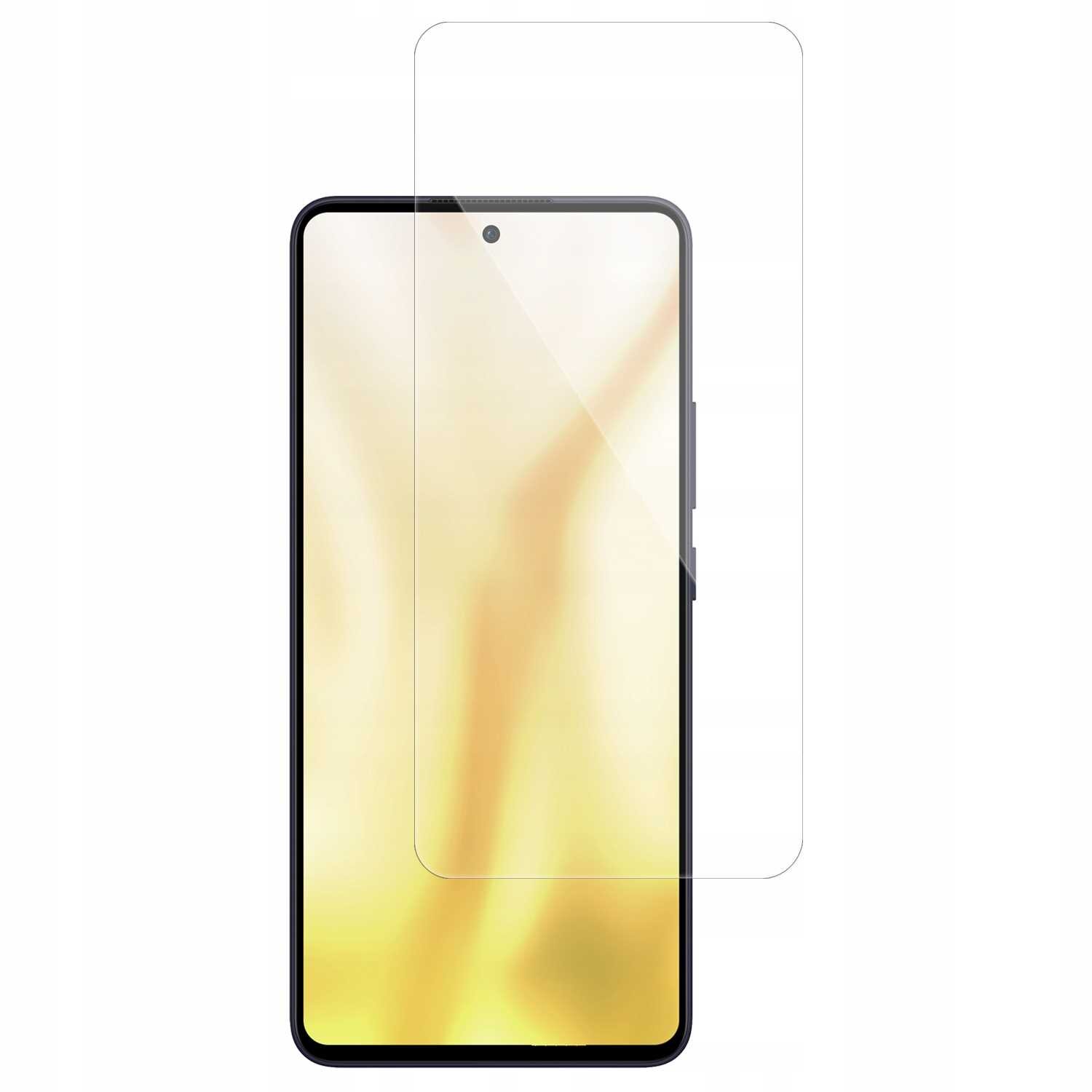 Obraz przedstawia smartfon z nałożonym szkłem hartowanym, które jest przezroczyste i dopasowane do ekranu urządzenia. Tło ekranu jest w odcieniach żółci i pomarańczu.