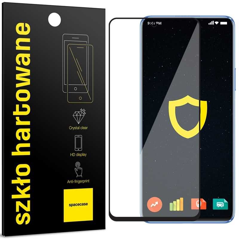 Opakowanie szkła hartowanego SPACECASE Glass 5D z napisem \'szkło hartowane\' oraz grafiką telefonu. Obok znajduje się szkło ochronne na ekran telefonu z widocznym symbolem tarczy.